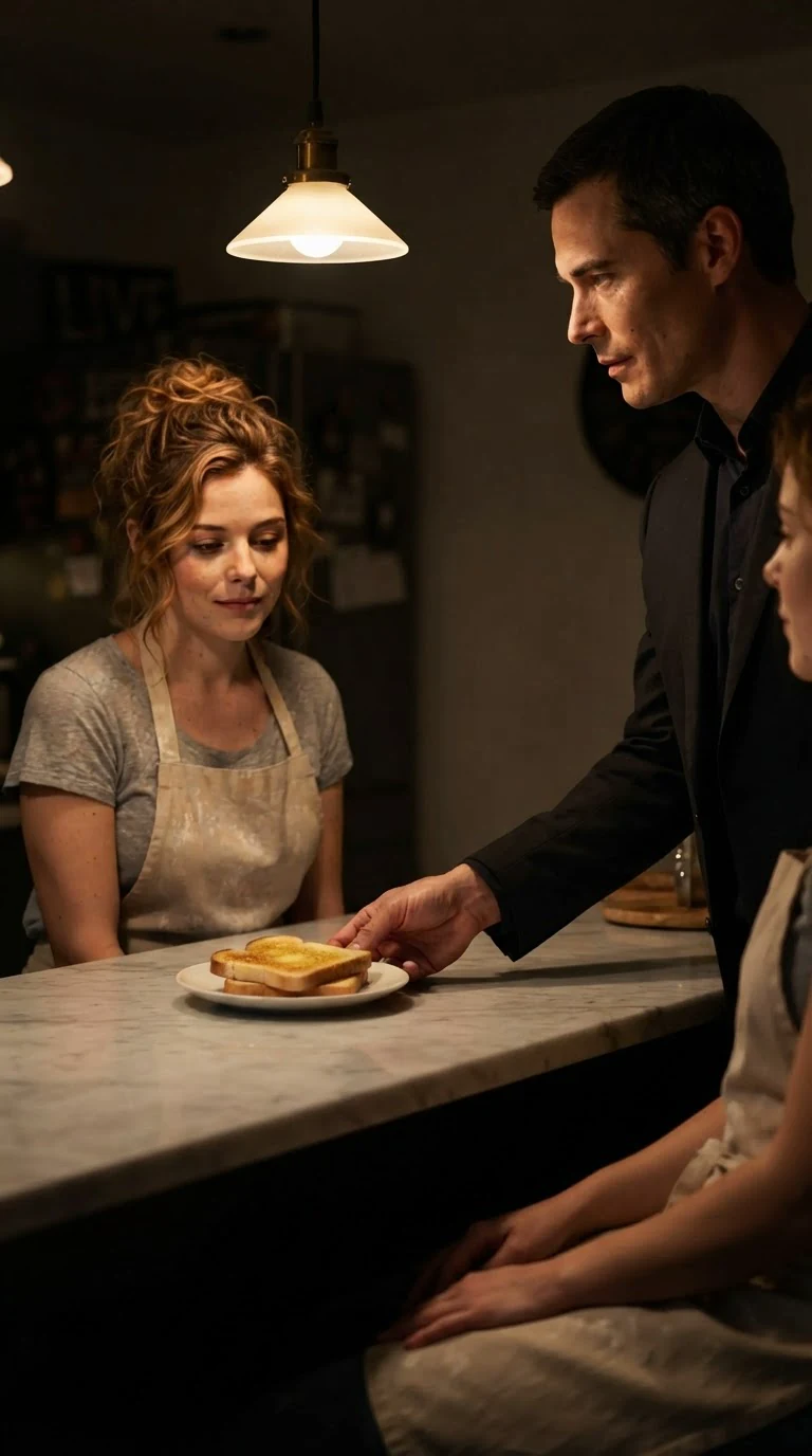 Barrett slides the toast in front of her and steps back, keeping space.