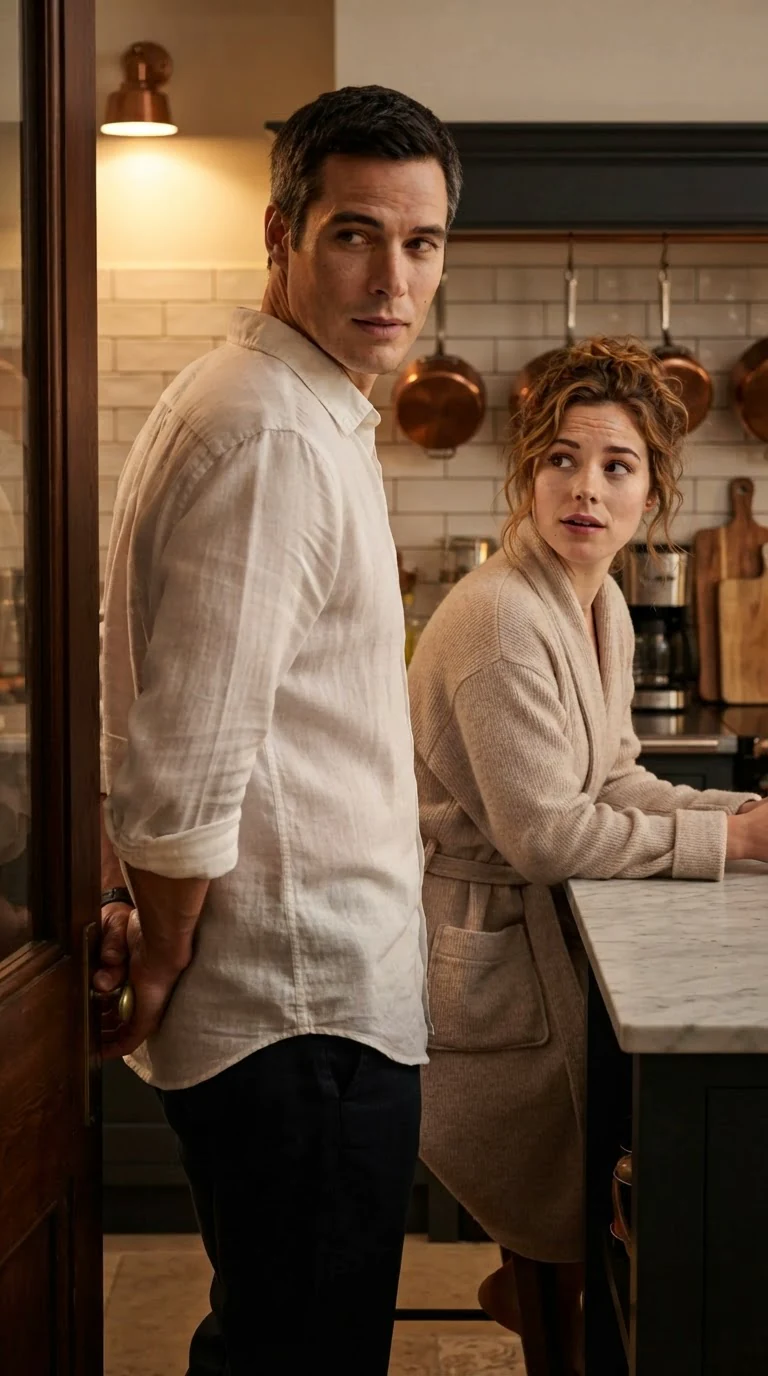 Barrett pauses in the kitchen doorway, almost smiling, and doesn't.