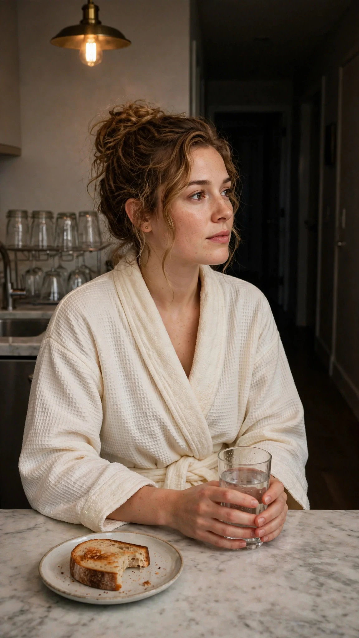 Lacey sits alone in the dark kitchen with a half-eaten piece of toast.