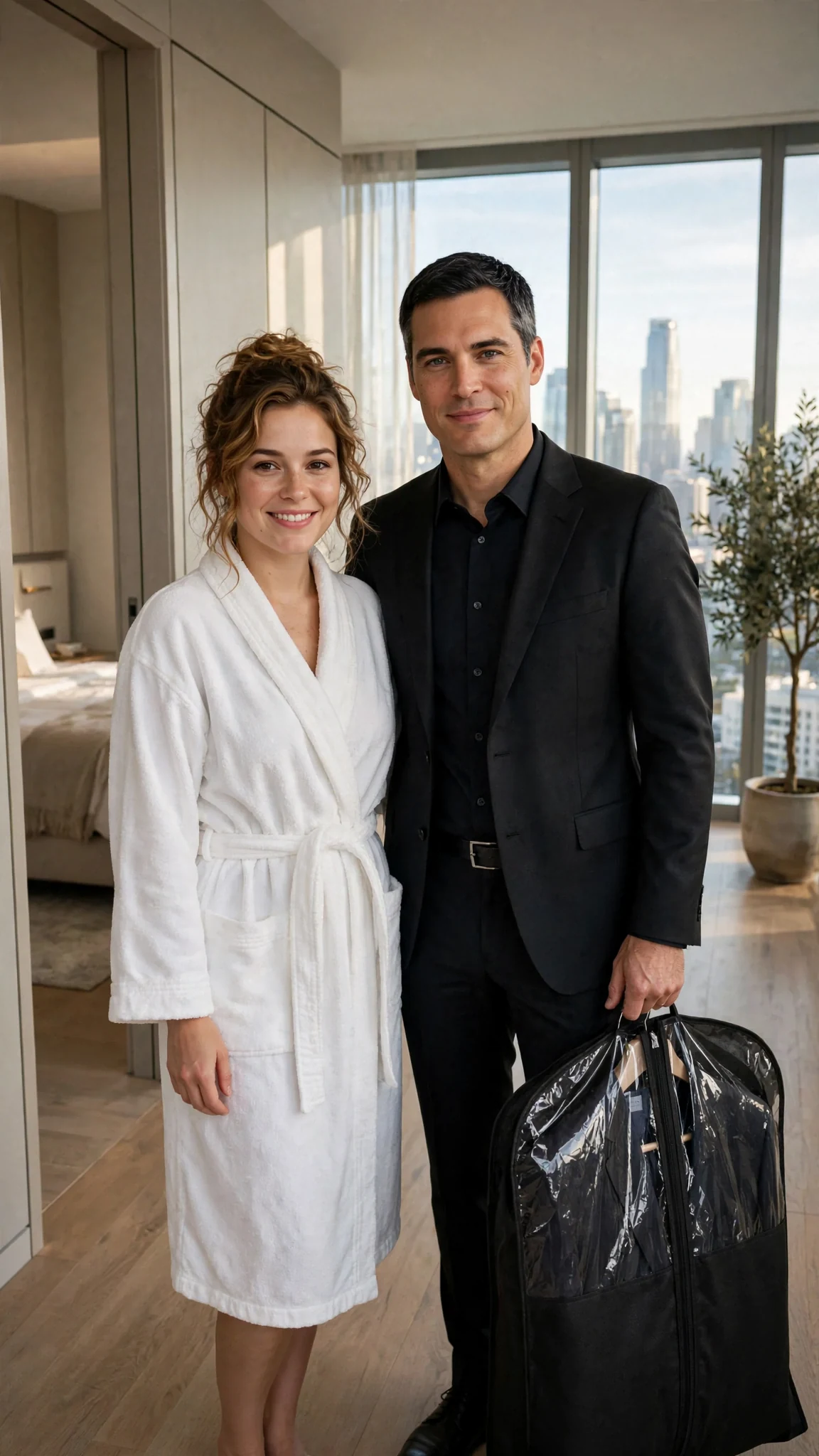 A tall man in a dark suit holds a garment bag in the doorway of a bright bedroom while a woman in a robe looks at him.