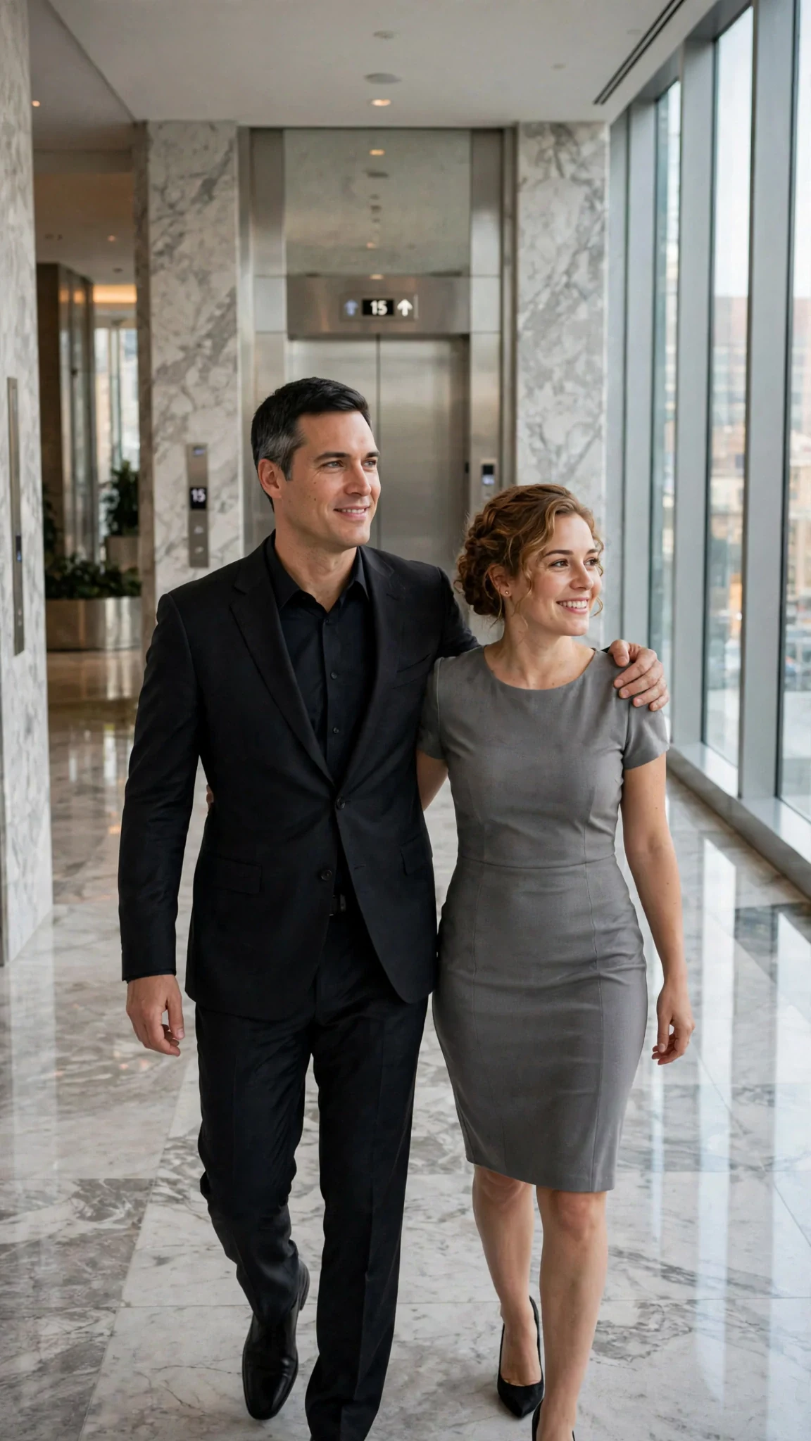 A man in a suit walks a woman in a gray dress down a bright tower hallway, his hand flat on her back.