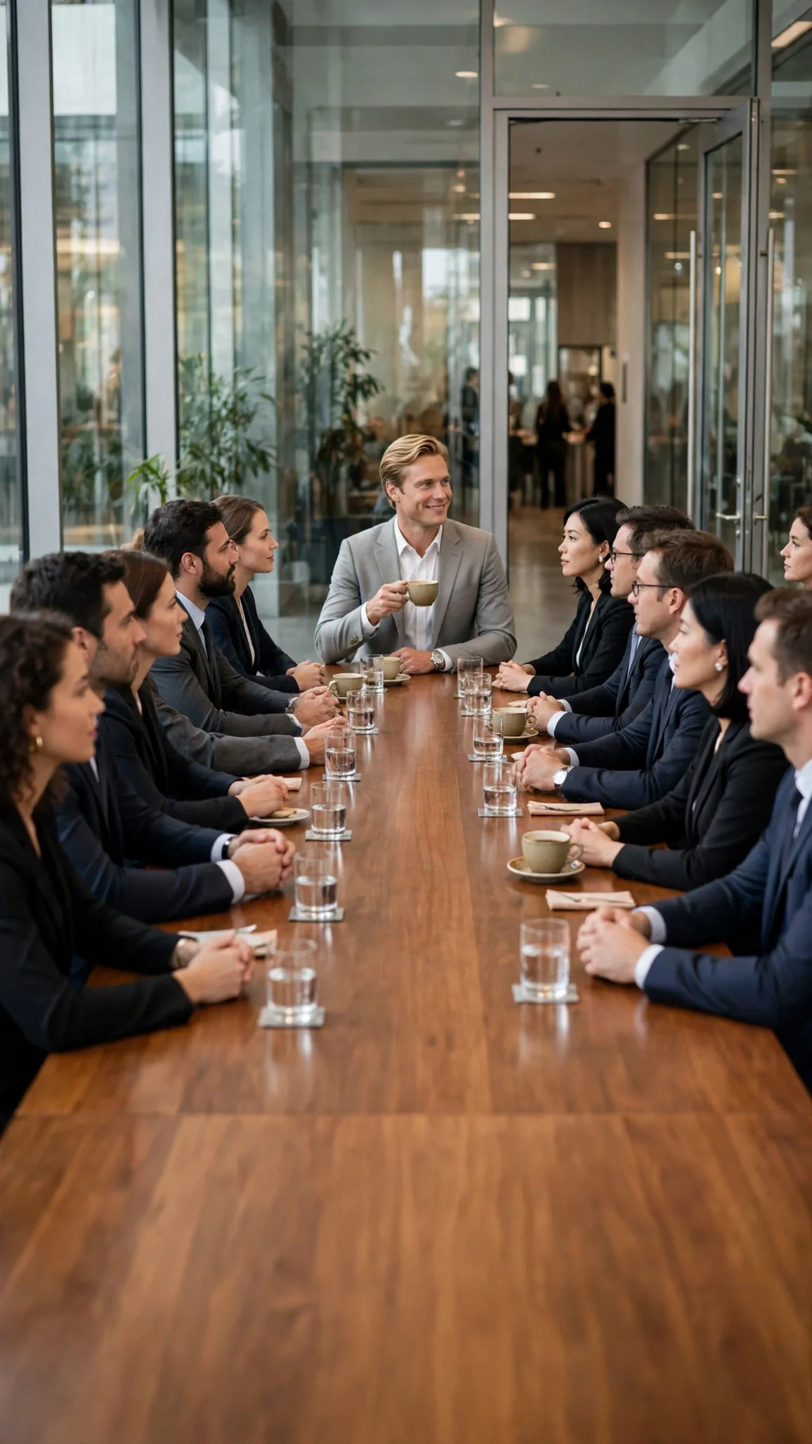 A long boardroom table full of suits turns to look as a woman enters, and one man at the far end holds a coffee cup.