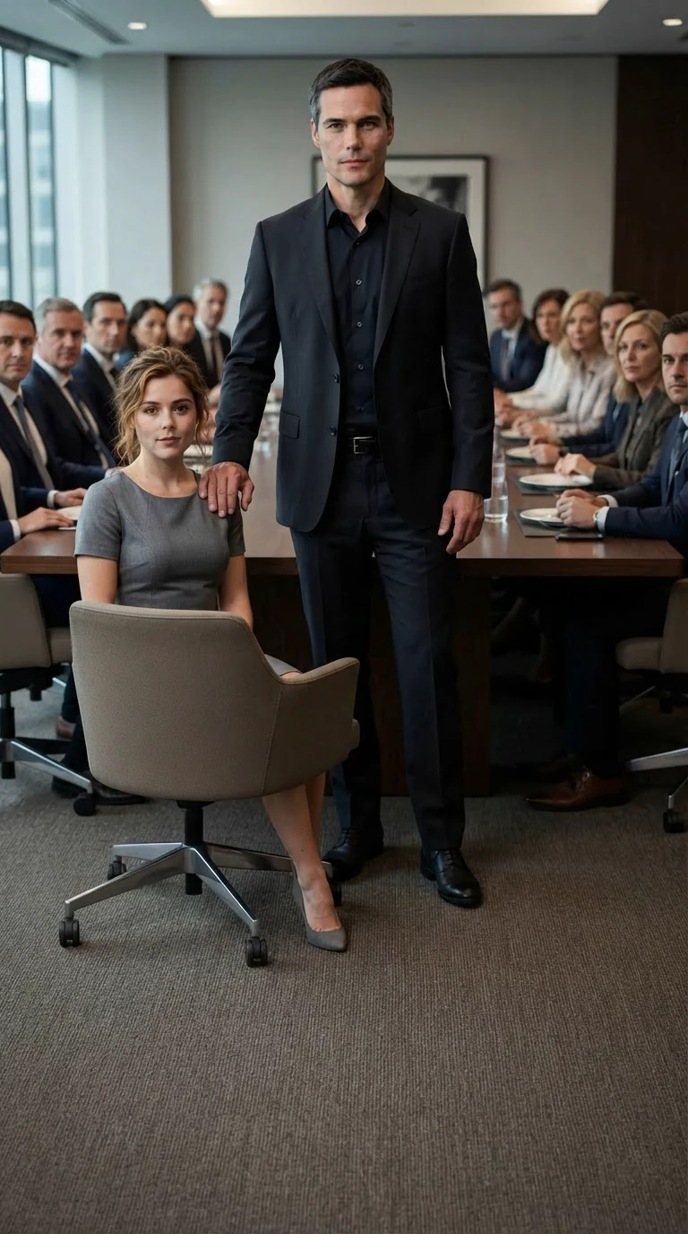 A tall man stands at the head of the table with one hand on the back of a woman's chair, addressing the room.