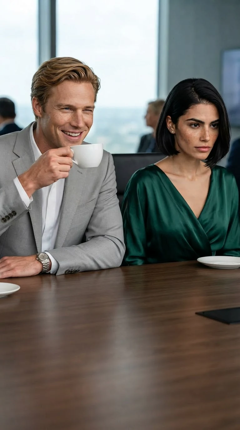 A blond man in a gray suit smiles into his coffee cup while a woman beside him looks down at her plate.