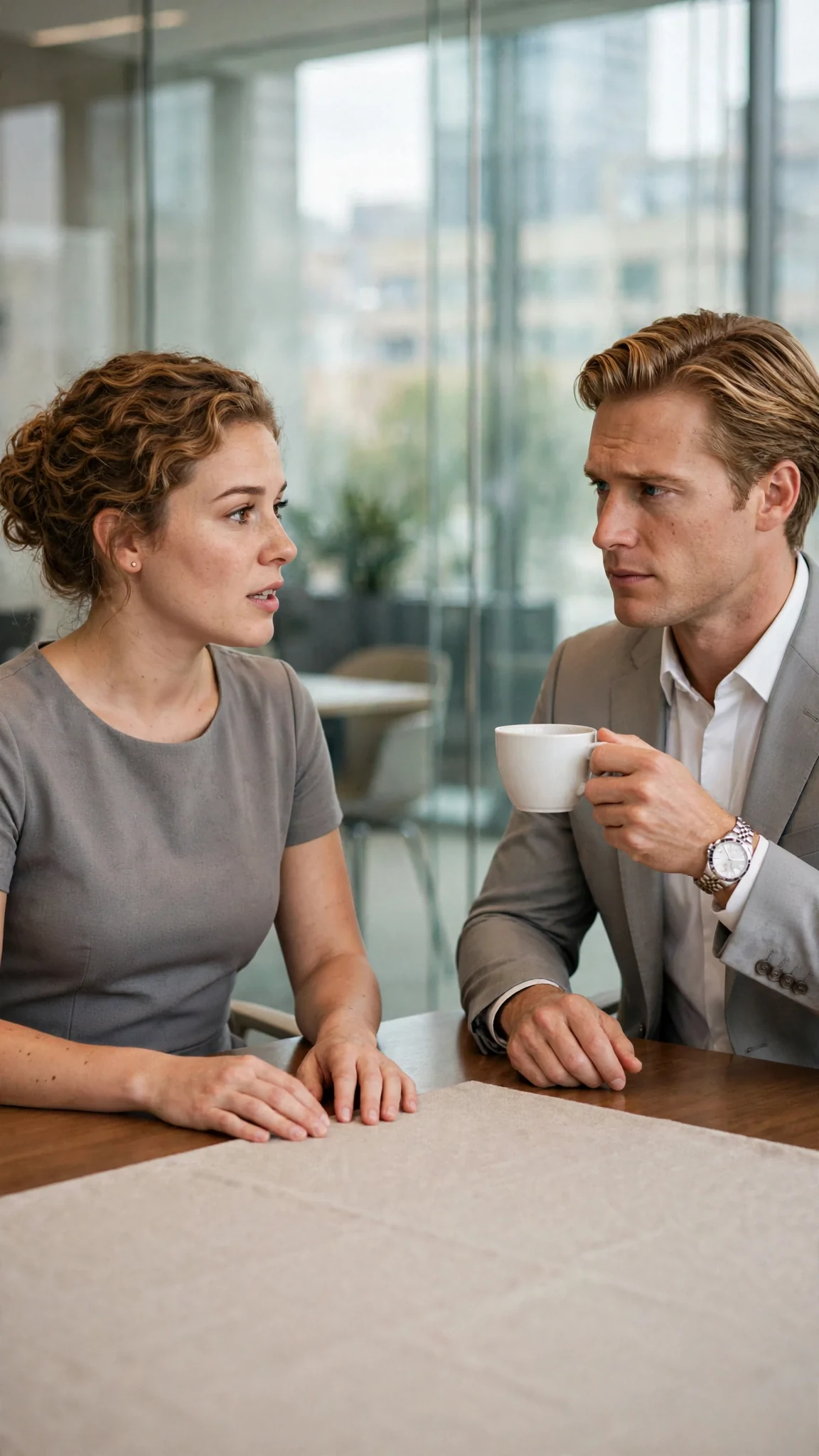 A woman in a gray dress sits up straight at the table and speaks, and the blond man's smile fades.