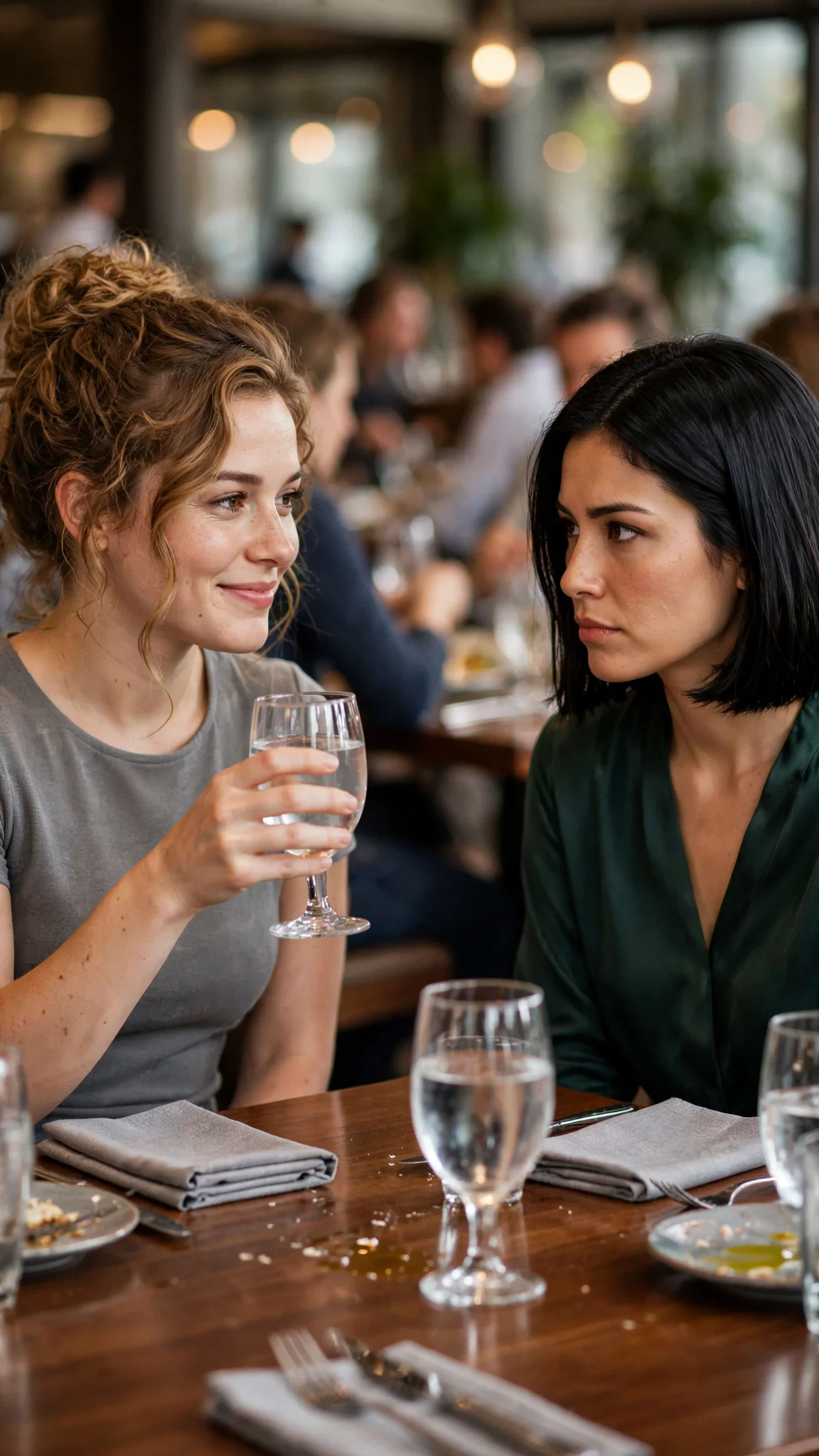 The woman in gray speaks with a small, polite smile while the dark-haired woman's face hardens.