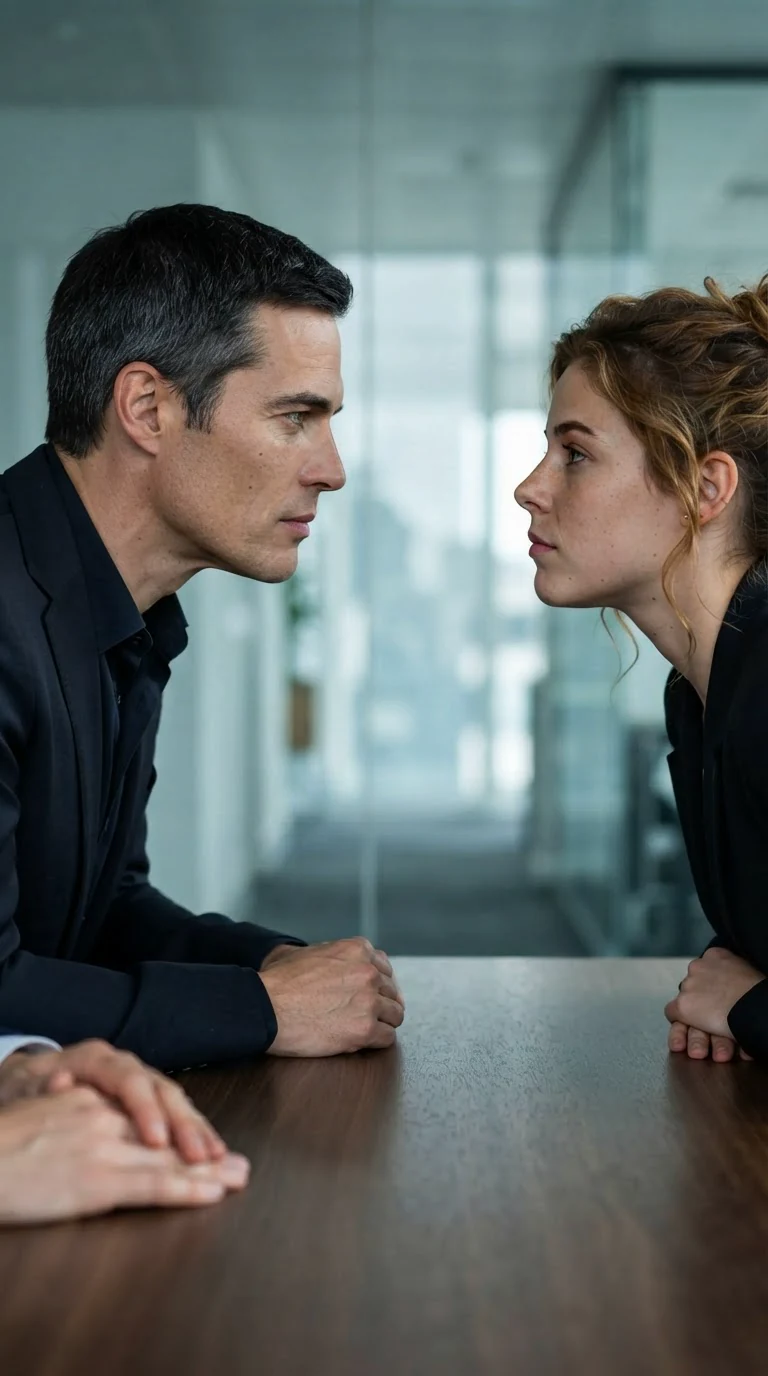 Close on a man and woman at a table, his eyes dark and steady, her chin tilted up in challenge.