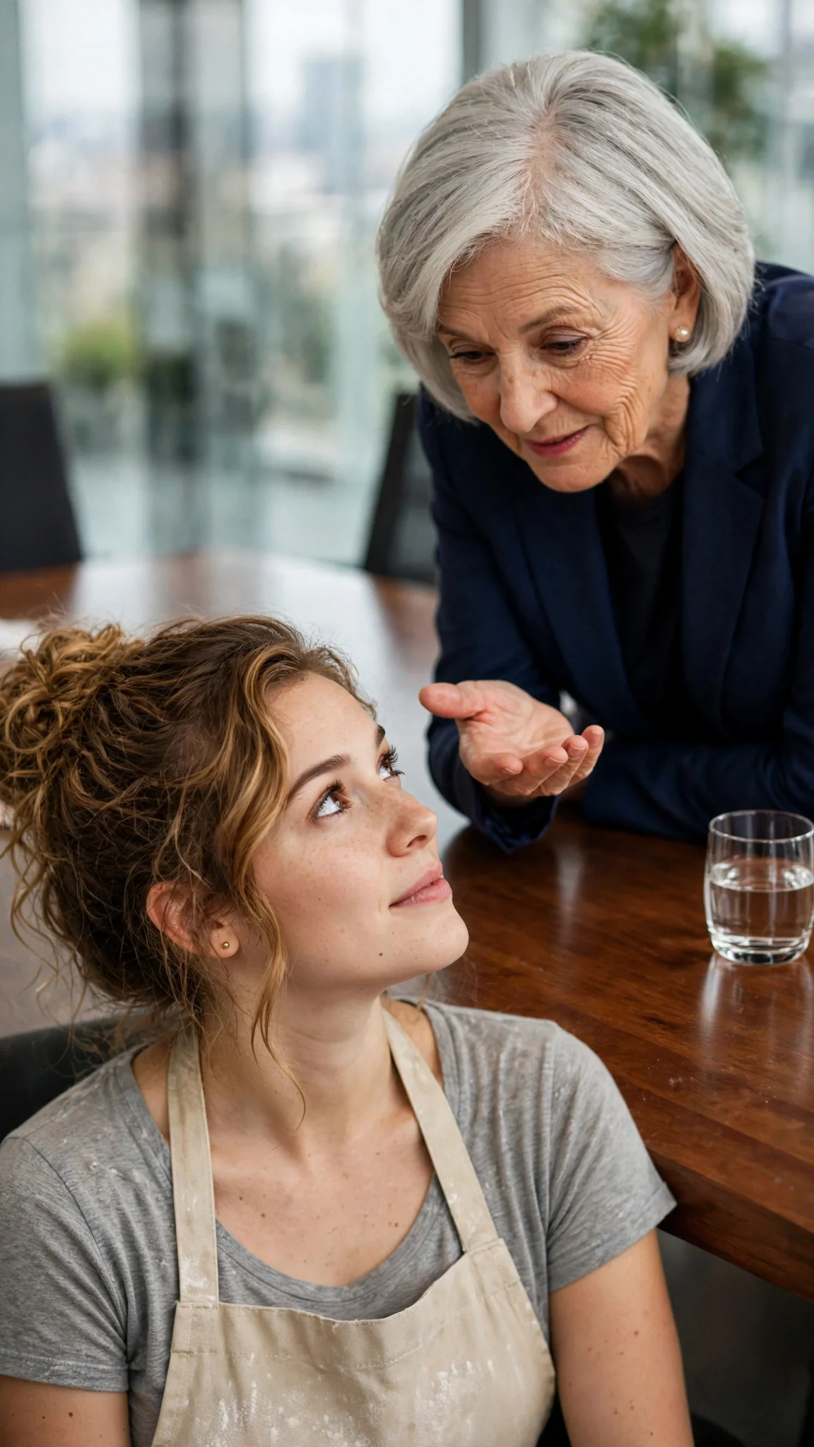 A silver-haired woman in a dark blazer leans forward and asks a question across the table.