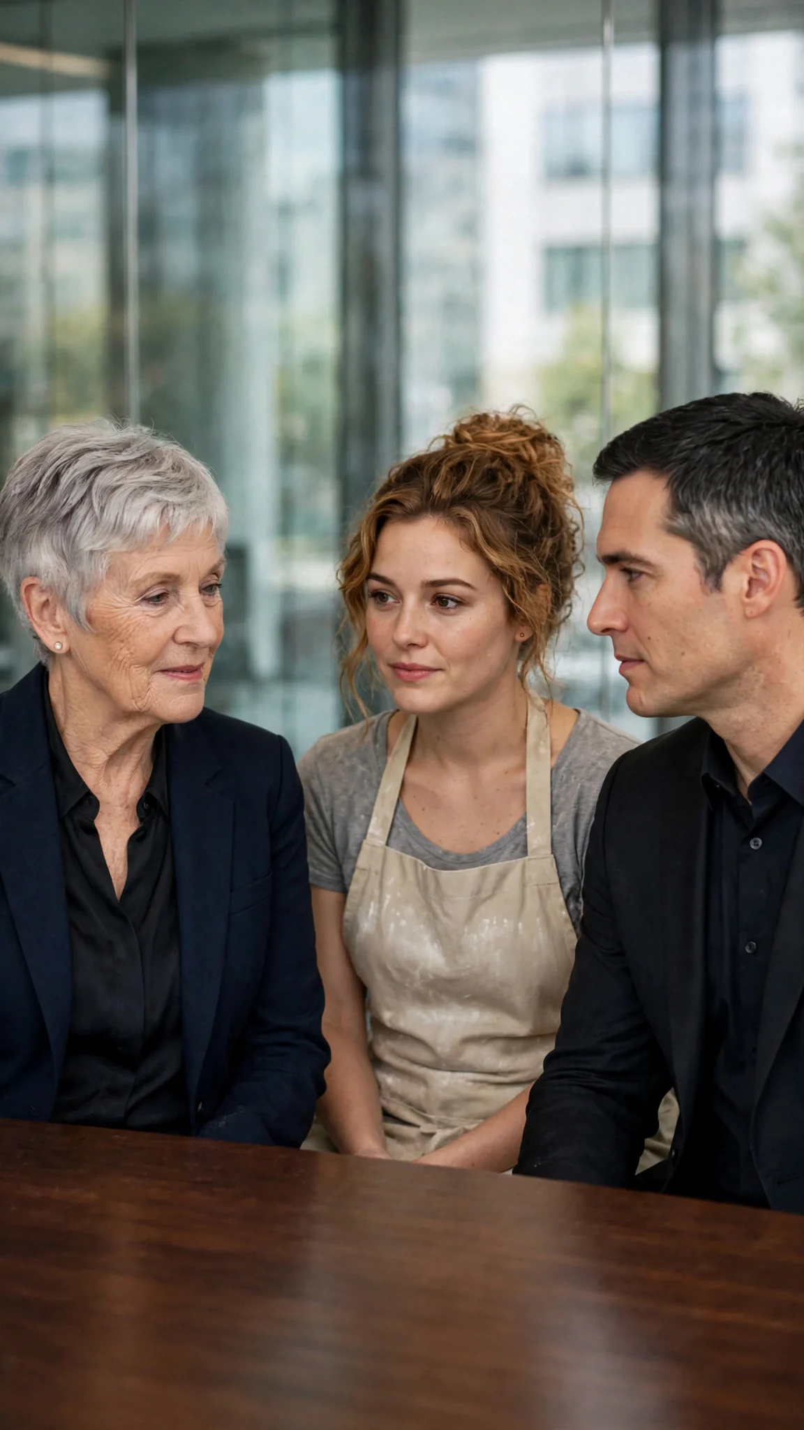 The silver-haired board member nods once while the man in the dark suit sits back and watches the woman beside him.
