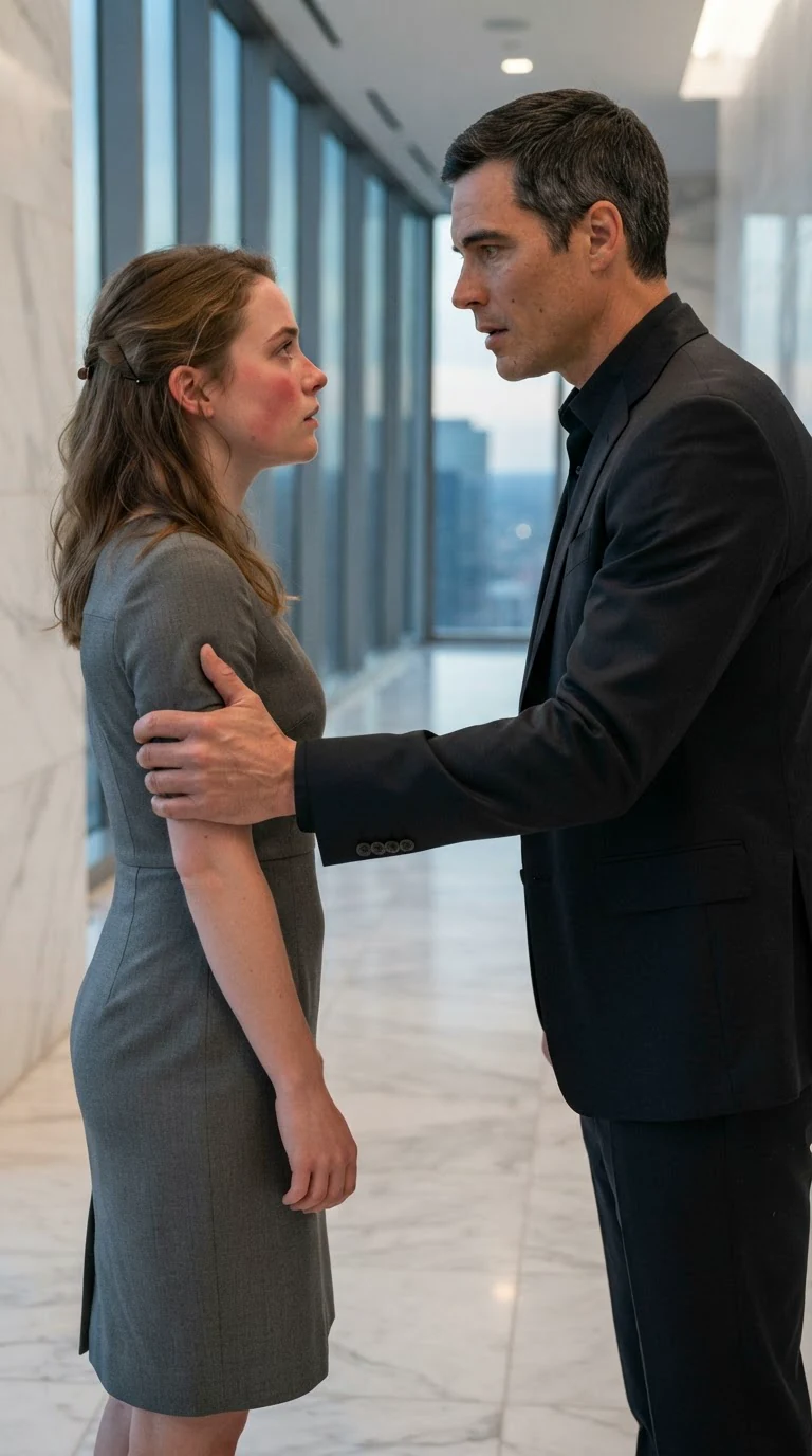 In a marble hallway, a man stops a woman with a hand on her elbow, both of them turned toward each other.