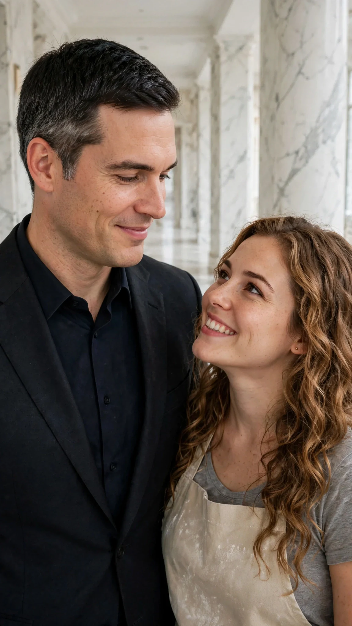 Close two-shot in a hallway, the man's mouth curved slightly as the woman smiles back at him.