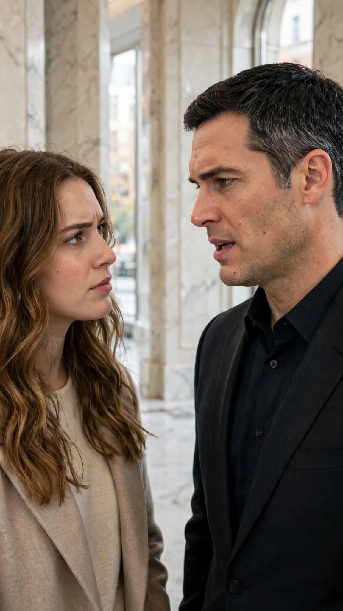 The man speaks in a marble hallway, his face going serious, the woman watching him closely.