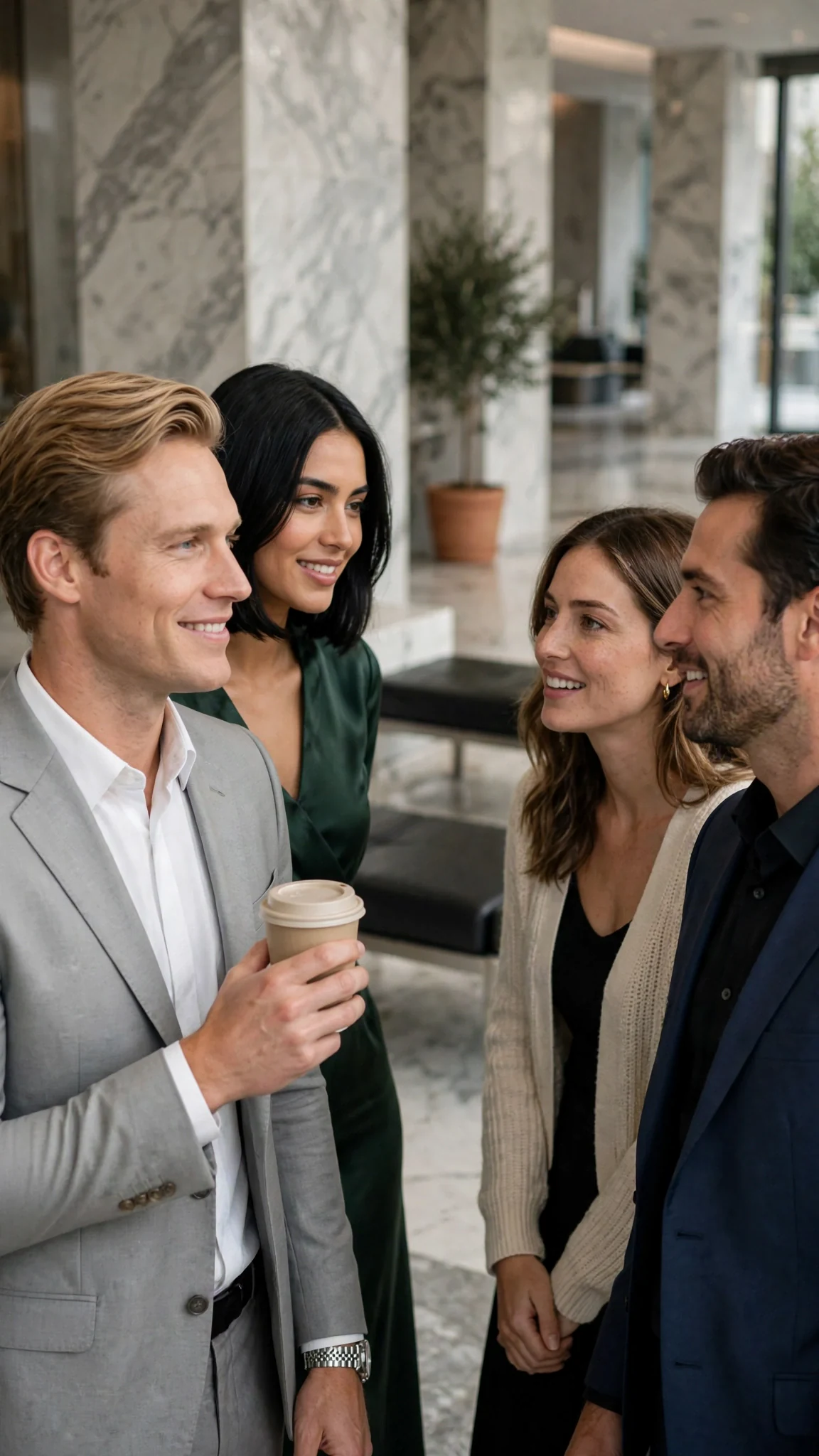 Gavin steps in with a coffee cup and a slick smile while Bianca stands behind him.