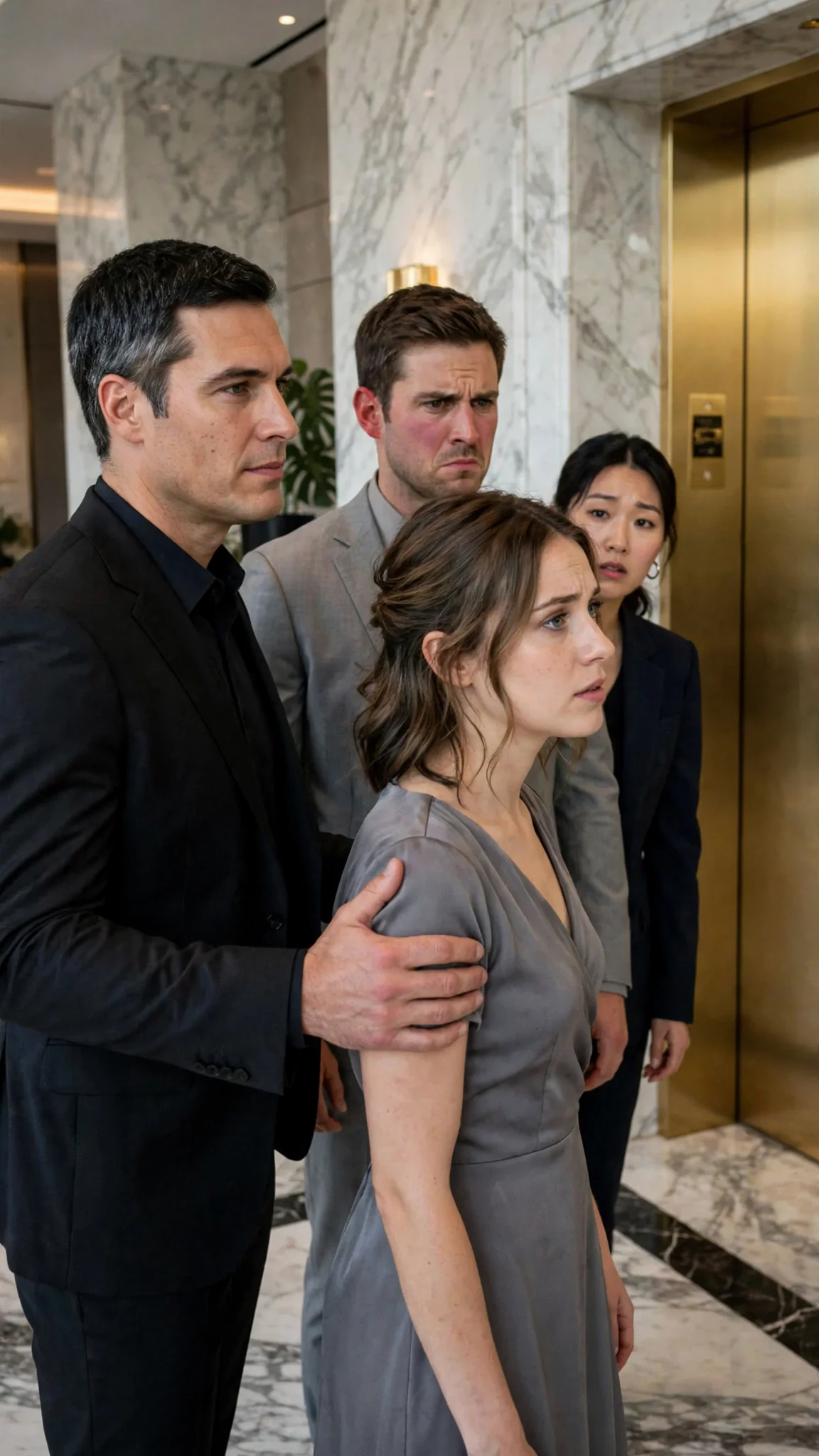 Barrett turns Lacey toward the elevator with his hand on her back as Gavin reddens.