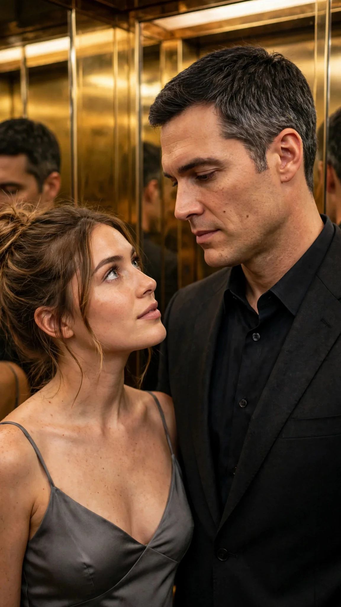 Barrett and Lacey stand close in a gold-mirrored elevator, tension between them.