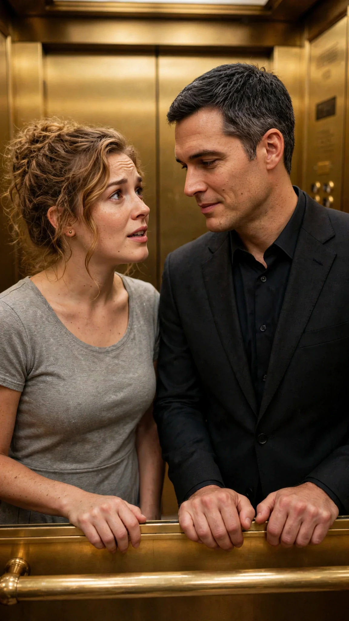 Lacey asks Barrett about the board while he keeps his hands on the elevator rail.
