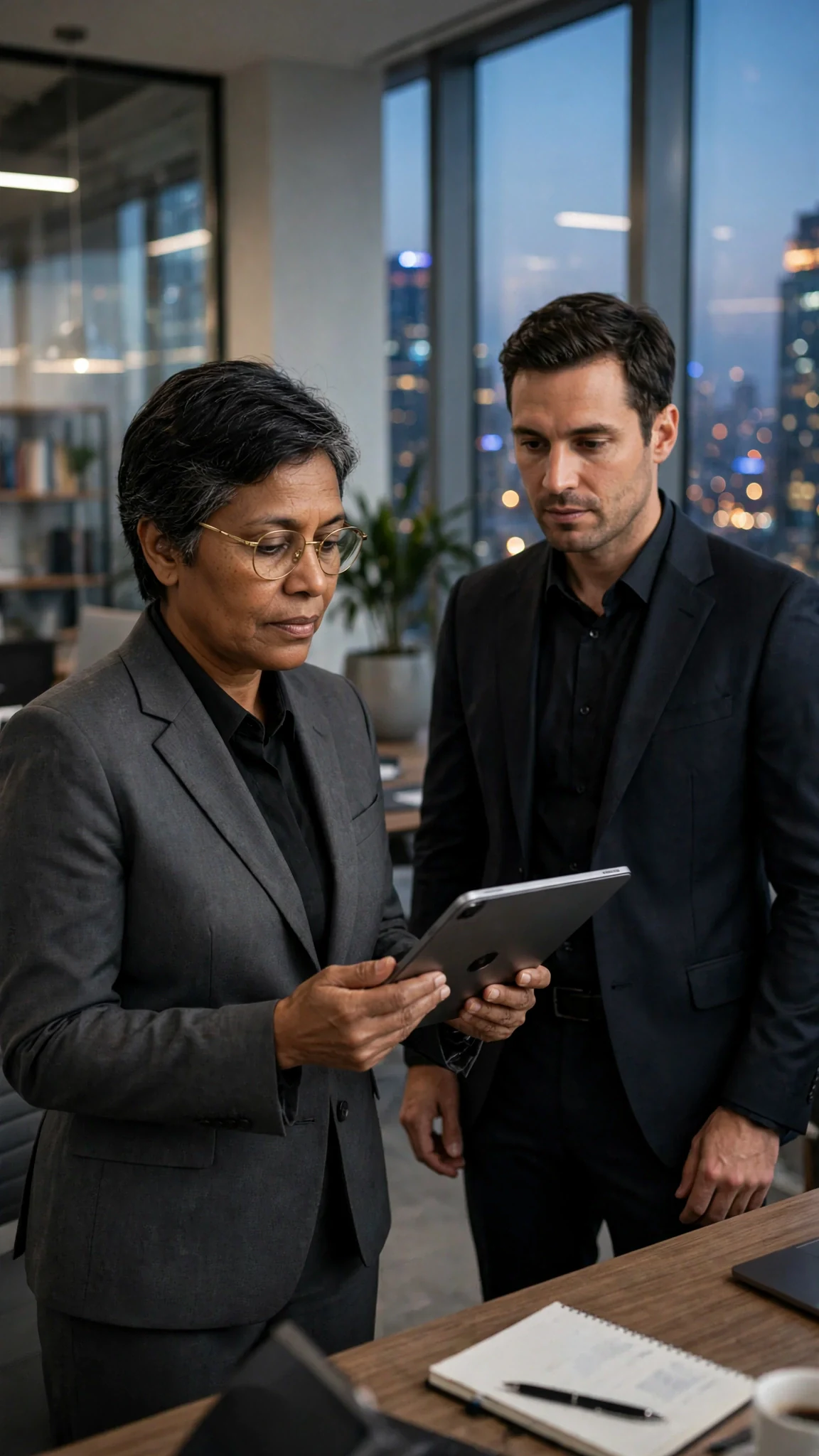 Nadia waits in Barrett's office with a tablet and her glasses low on her nose.