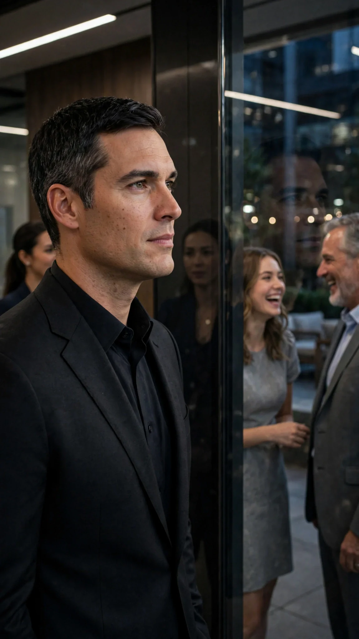 Barrett's reflection in the glass as he watches Lacey laugh, his decision made.