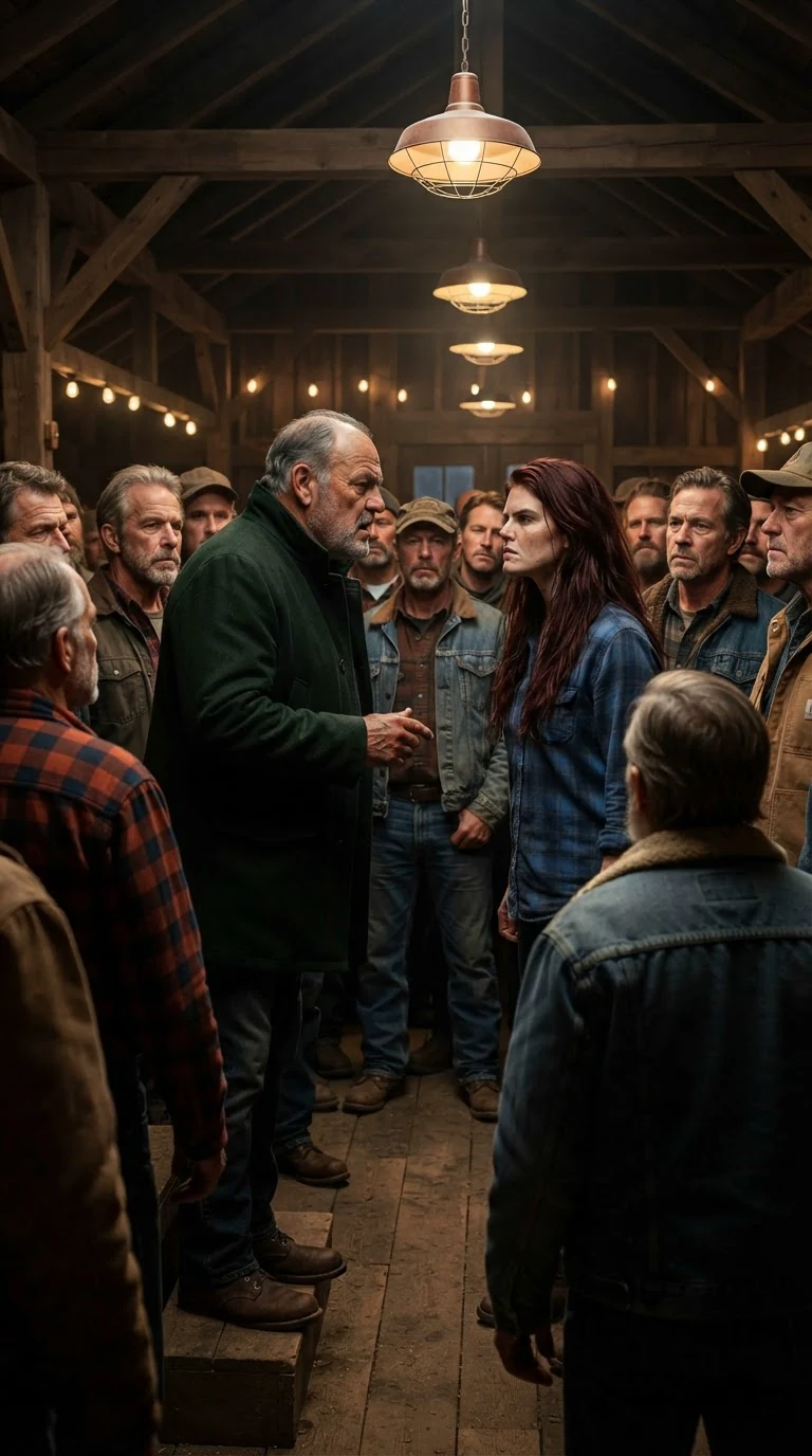 A woman in a flannel shirt stands at the front of a crowded hall, glaring at her father in a green coat.