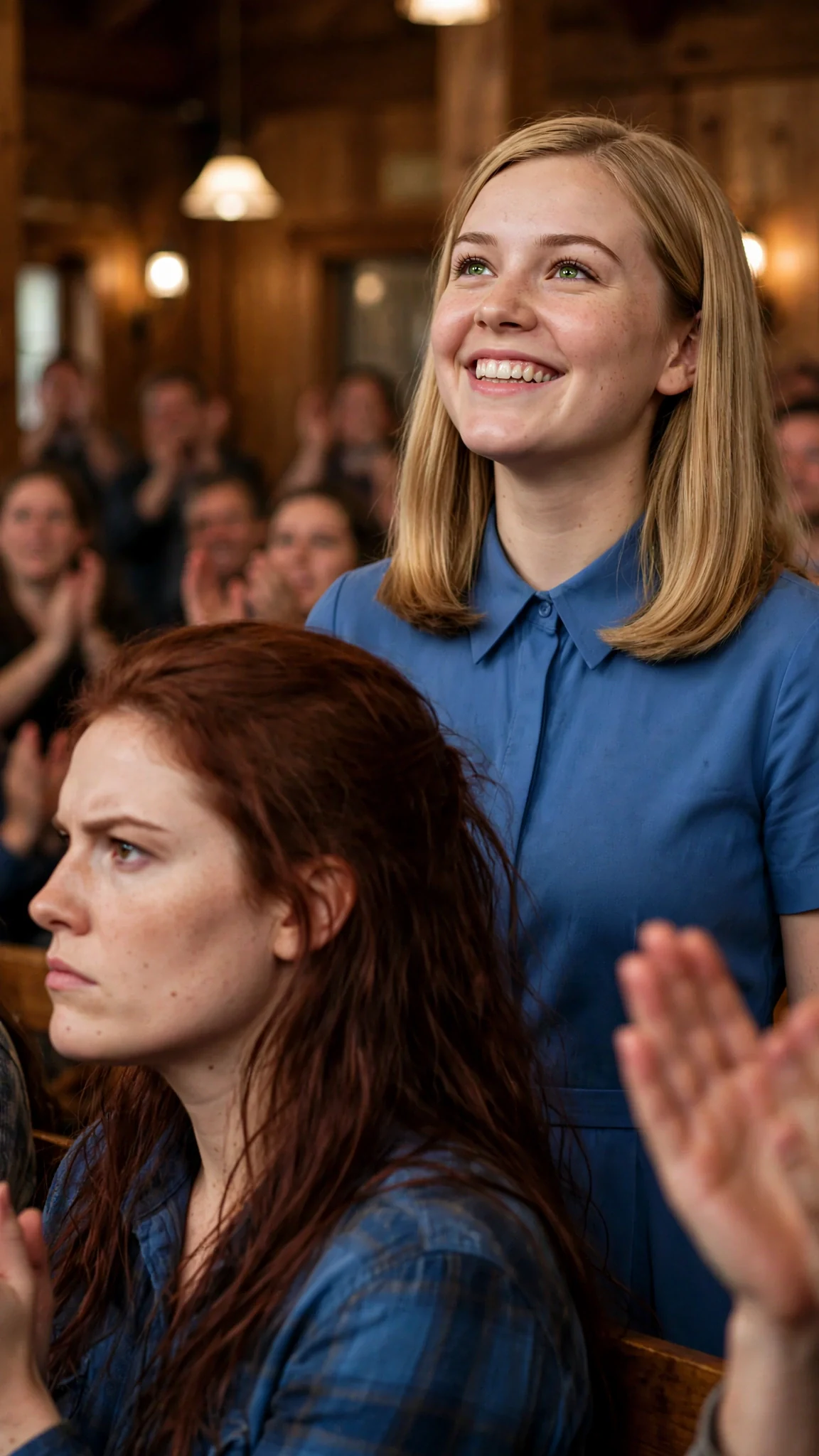 A blonde woman in a blue dress steps forward to applause while her cousin stands frozen.