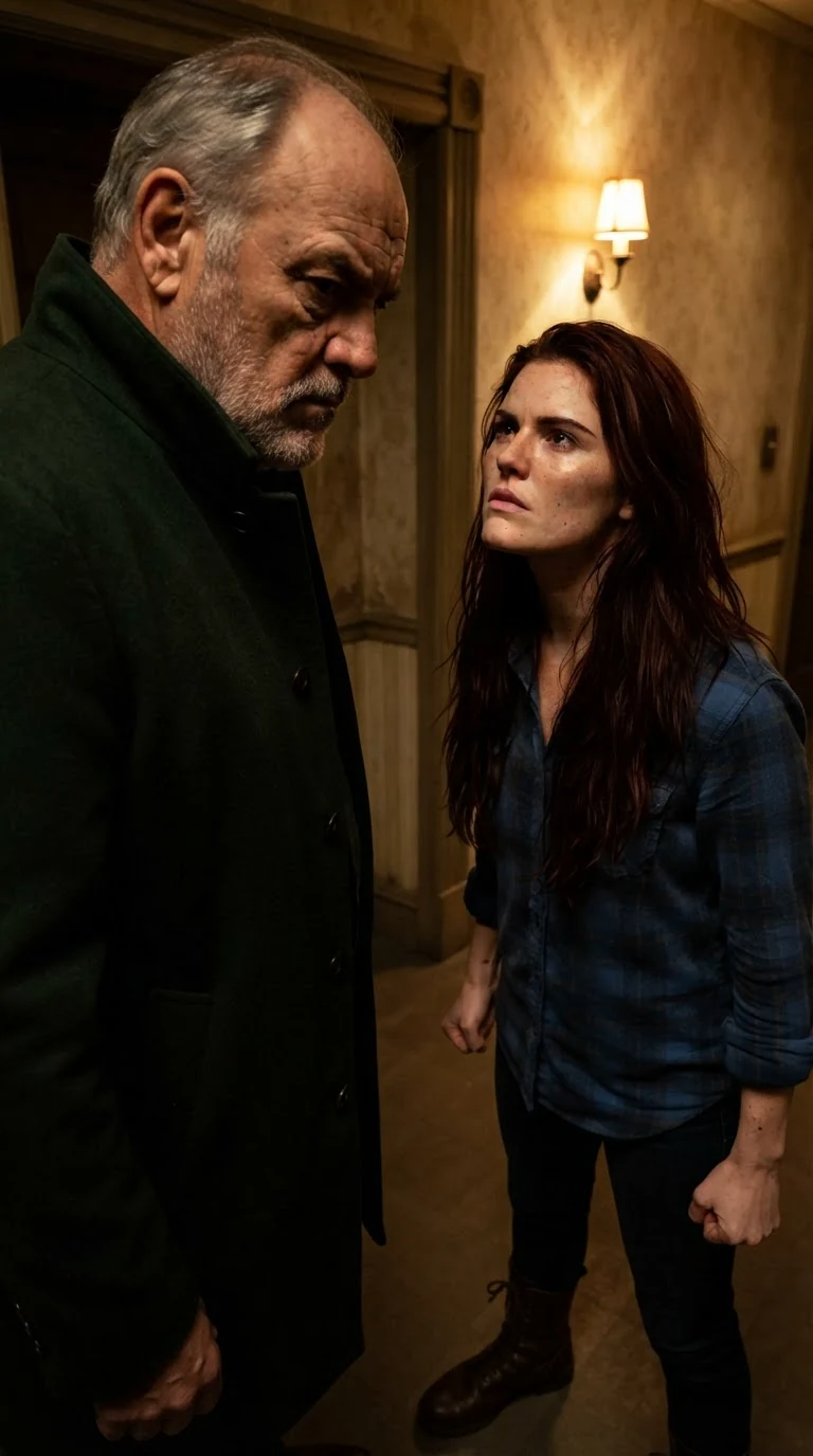 Father and daughter face off in the hall, her hands shaking.