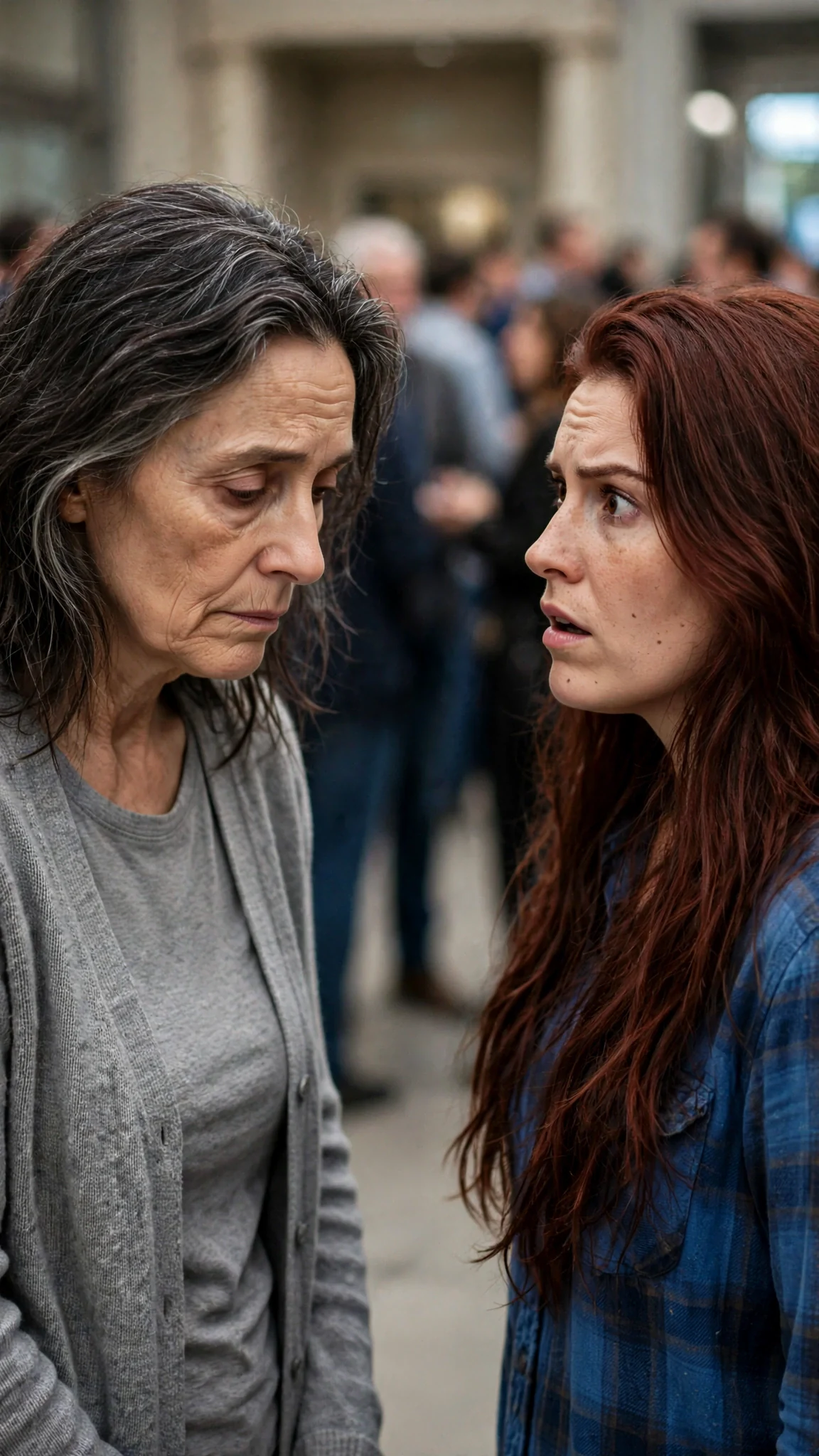A slim older woman in a gray cardigan studies the floor while her daughter stares at her.