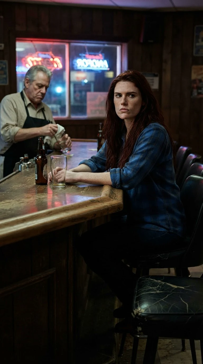 A dim dam-side bar, the woman alone at the counter with a bottle.