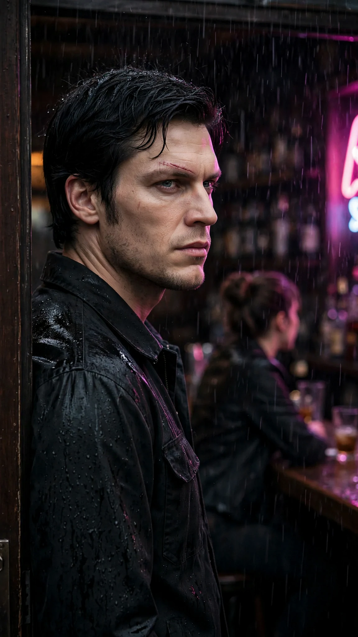 A tall dark-haired man in a black work jacket fills the bar doorway, cold blue eyes on her.