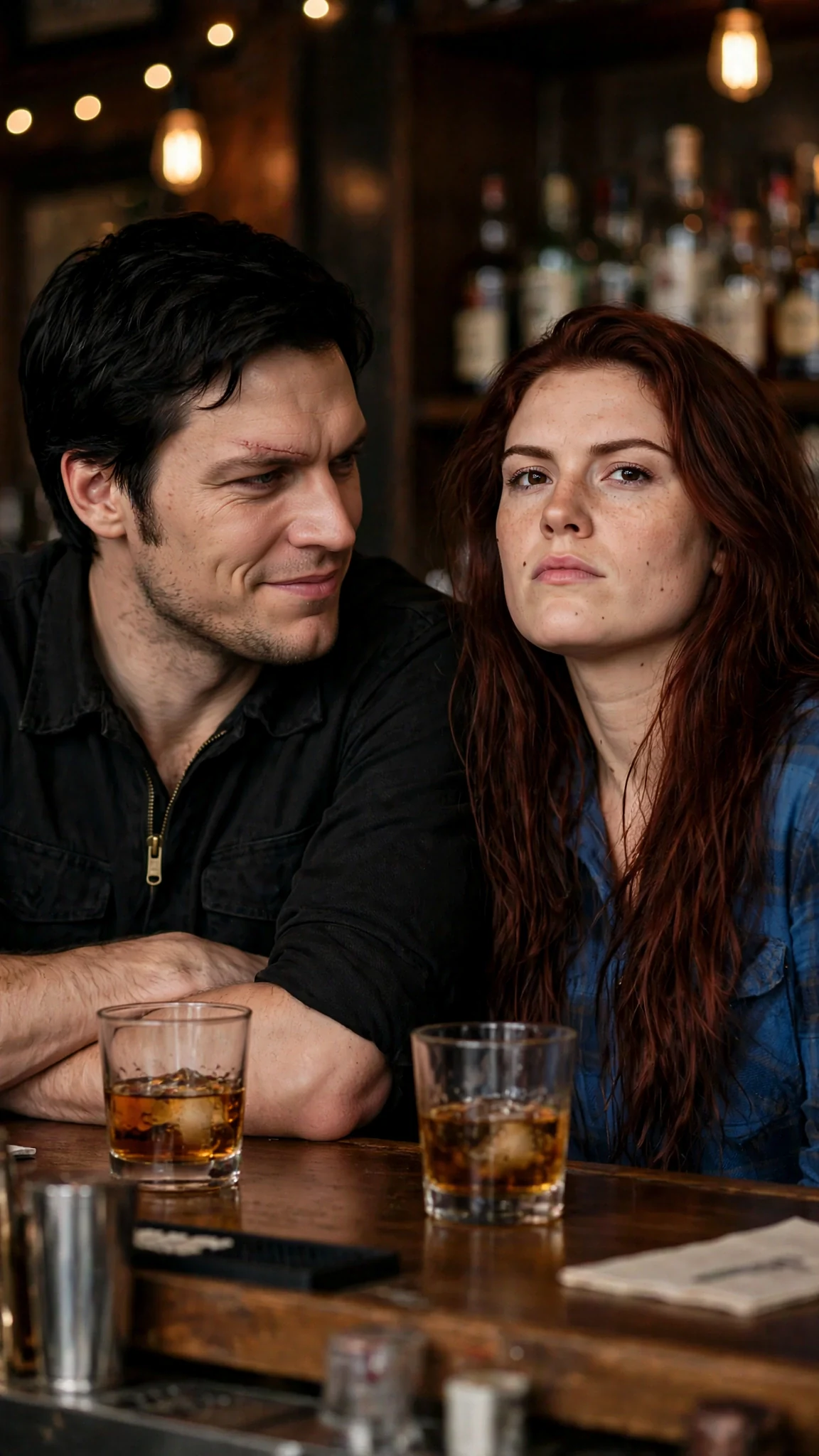 He leans close at the bar counter, her chin lifting in defiance.