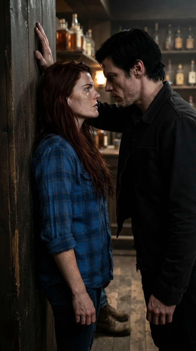 Her back hits the bar wall, his palm flat beside her head.