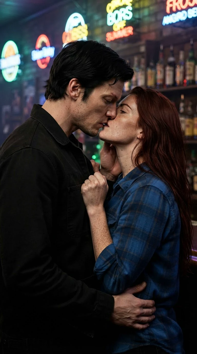 She grabs his jacket and kisses him hard, his hand sliding to her jaw.