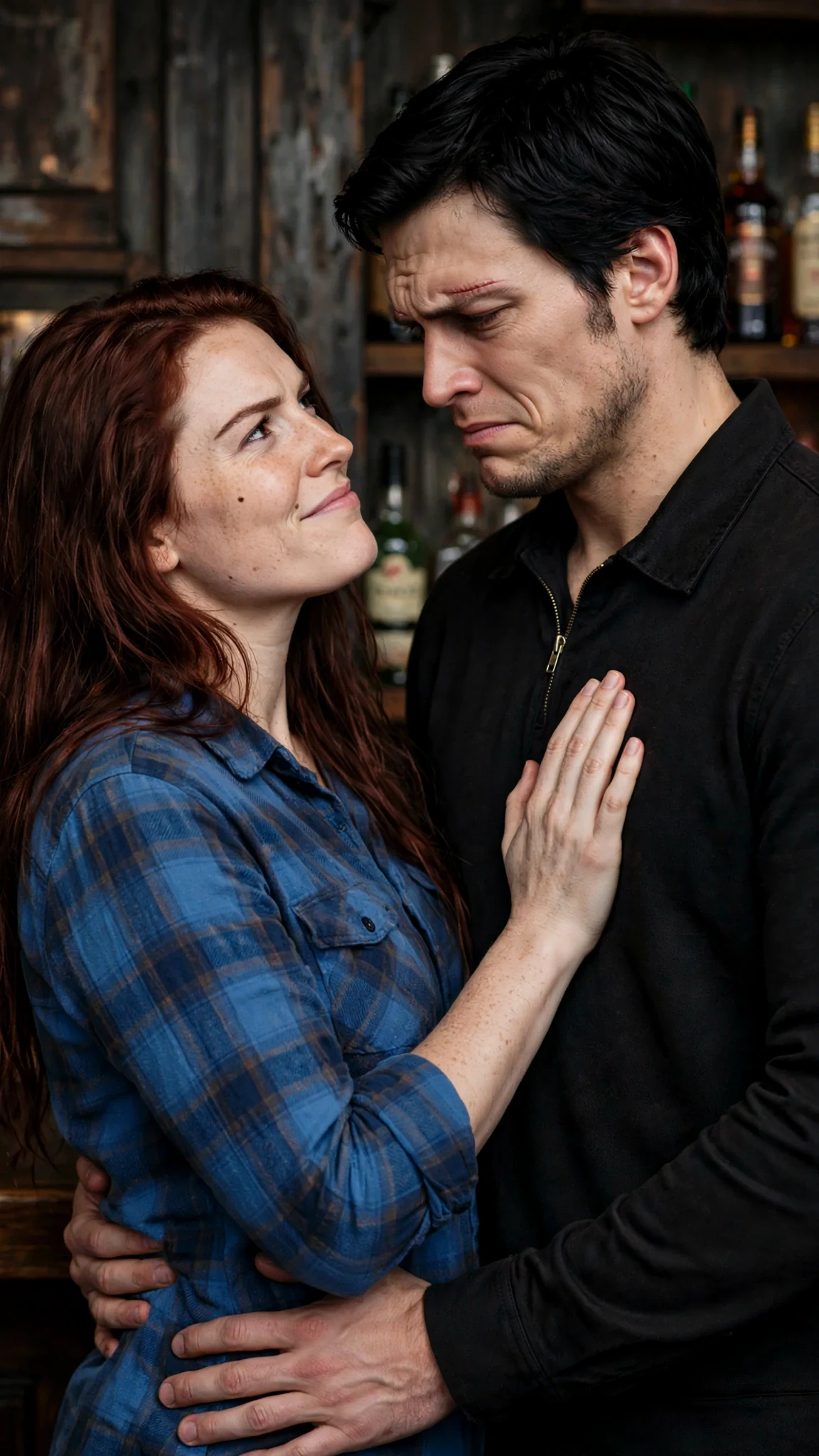 She smiles cold and cruel, her hand flat on his chest, holding him off.