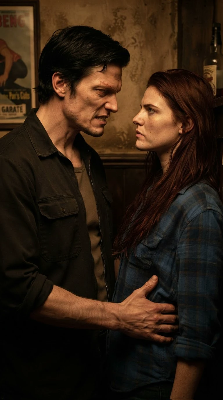 His fingers tighten on her hips, jaw tight, the two of them inches apart.
