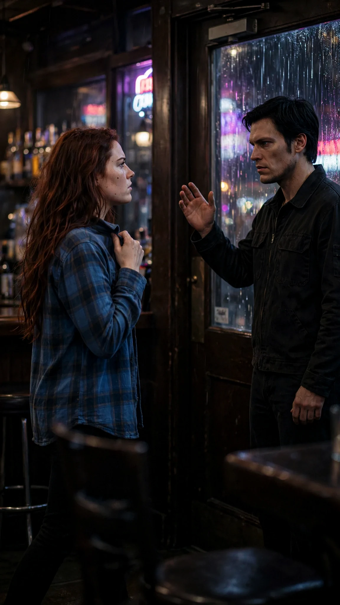 She turns away from him toward the bar door, flannel pulled straight, heart racing.