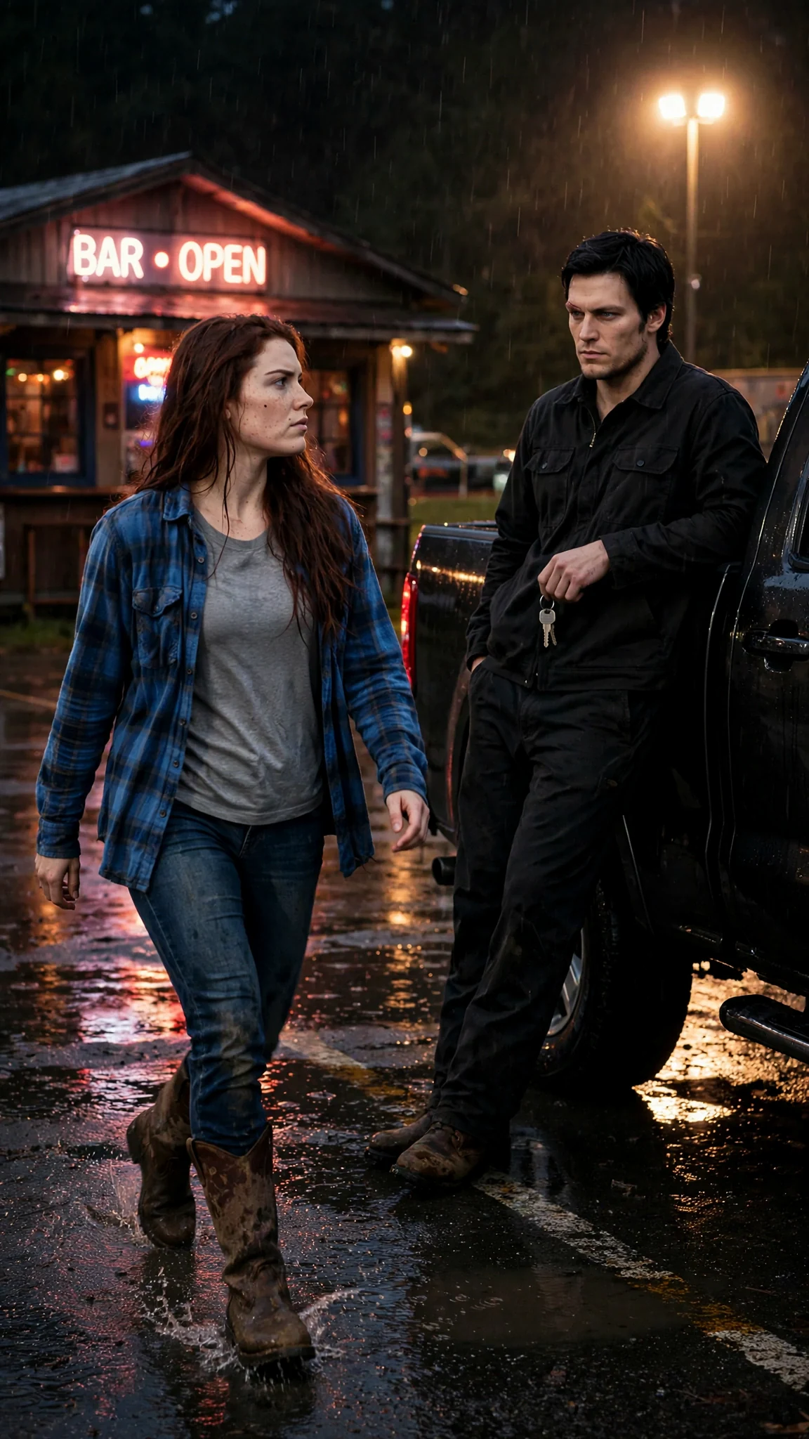 Rhea stops outside a bar at night as Kael waits under a parking lot light.