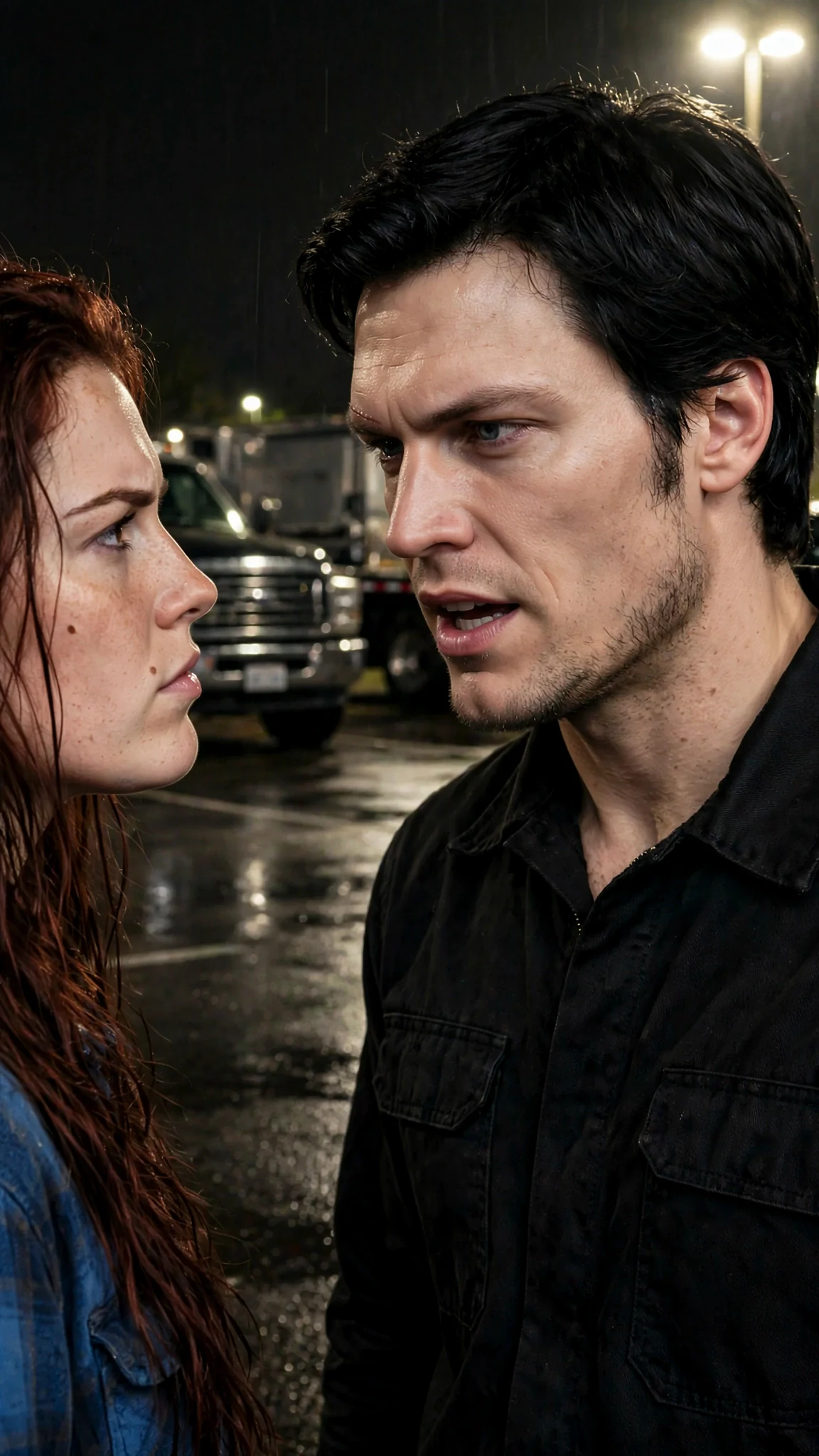 Close shot of Kael speaking to Rhea across the wet lot.