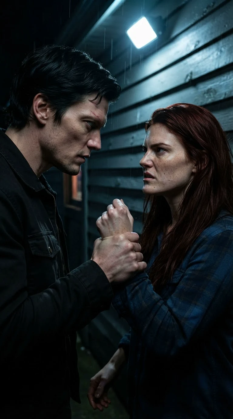 Kael grips Rhea's wrist beside the bar.