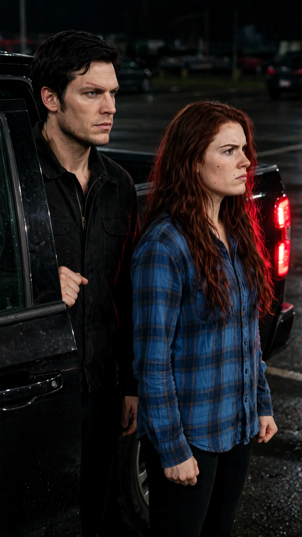 Kael holds a truck door open, Rhea glaring at him.