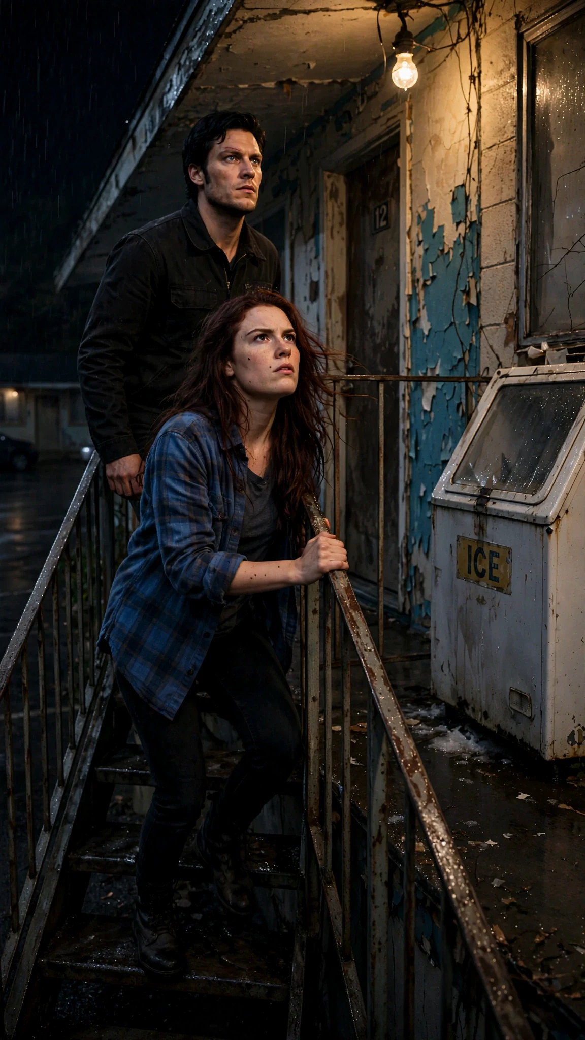 Rhea climbs dim motel stairs behind Kael.