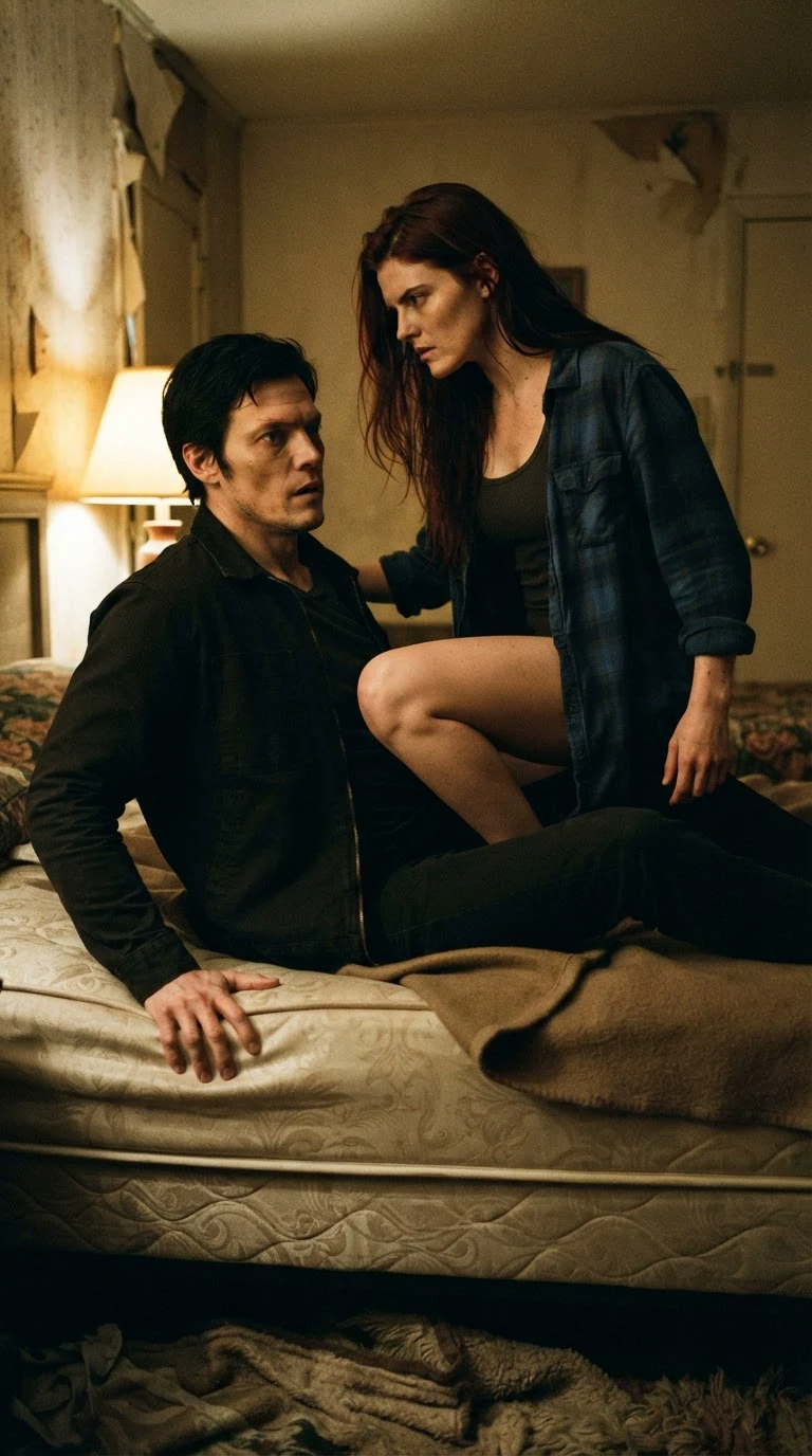 Rhea pushes Kael down onto the motel bed and climbs over him.