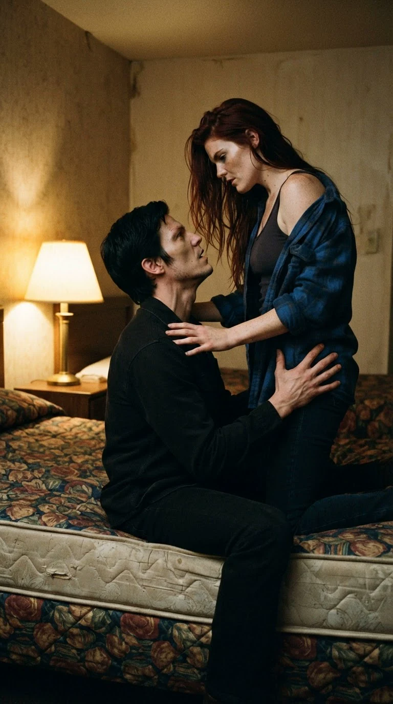 Rhea straddles Kael on the bed, his hands on her hips.