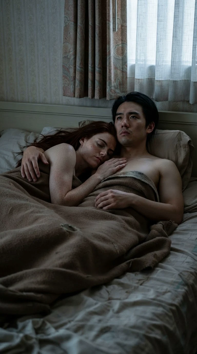 Dawn light on the motel room, Rhea asleep against Kael's shoulder.