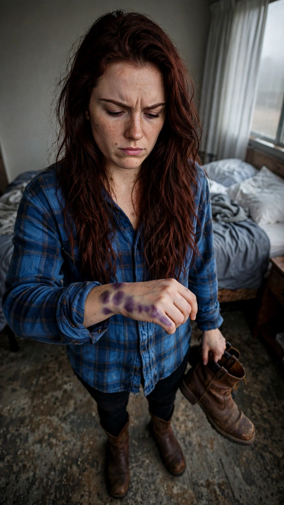 Rhea stands in the motel room, pulling on her boots, wrist marked purple.