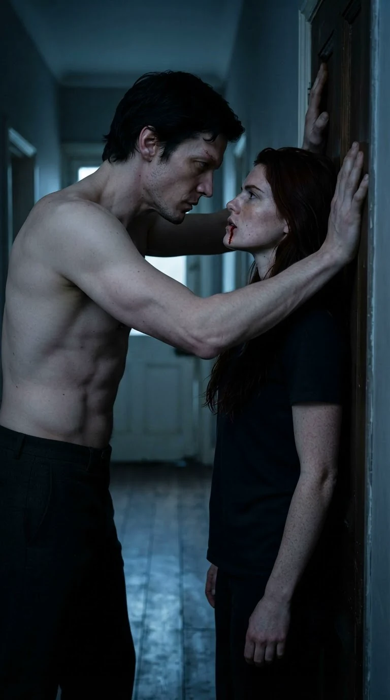 Kael leans close over Rhea, hand braced on the door frame.