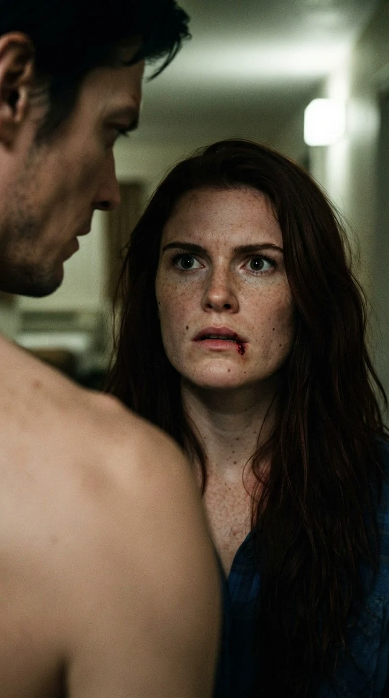 Rhea stares up at him, blood on her lip, afraid and furious.
