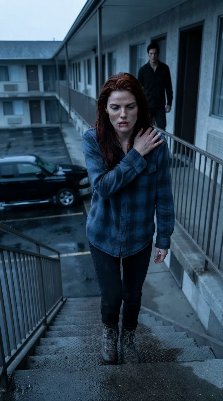 Rhea walks down the motel stairs alone at dawn.