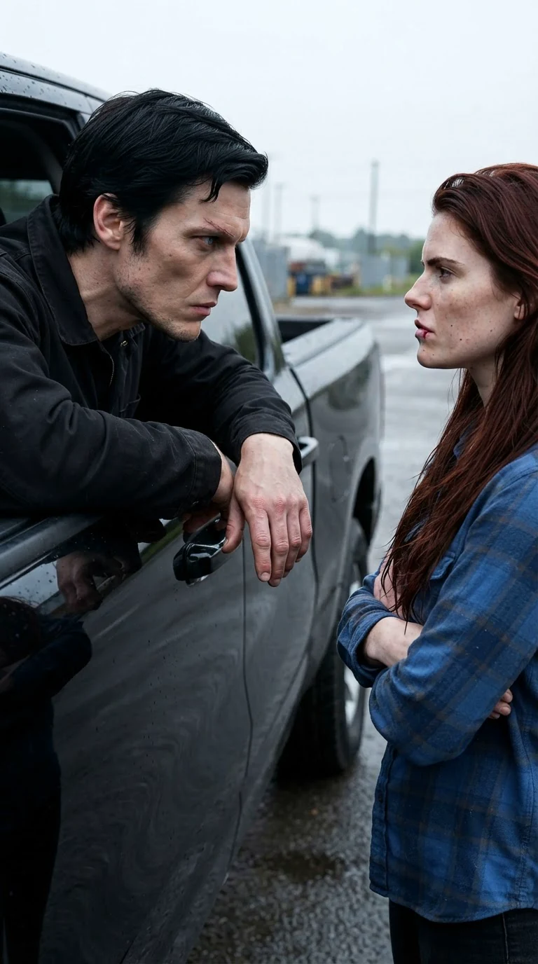 The man leans across the truck seat, talking to her through the open window.
