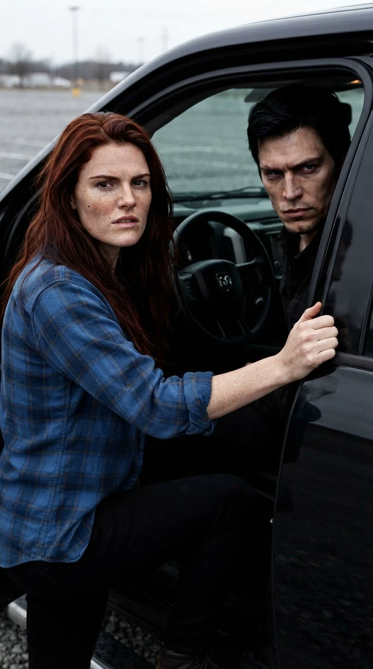 She climbs into the passenger seat with a hard face, the truck door open.