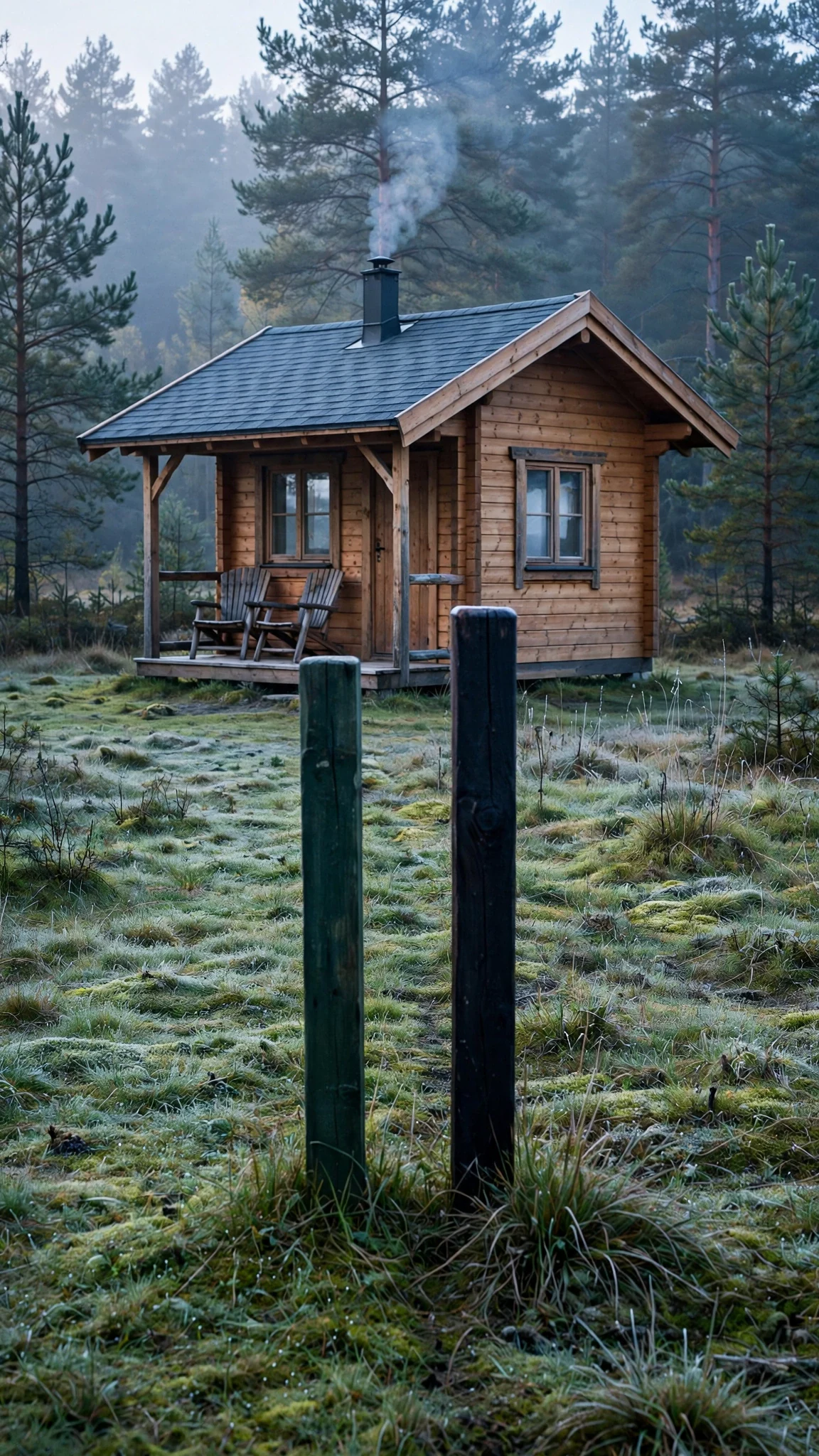 A new cabin straddling a border line, two painted posts outside, a porch and new windows.