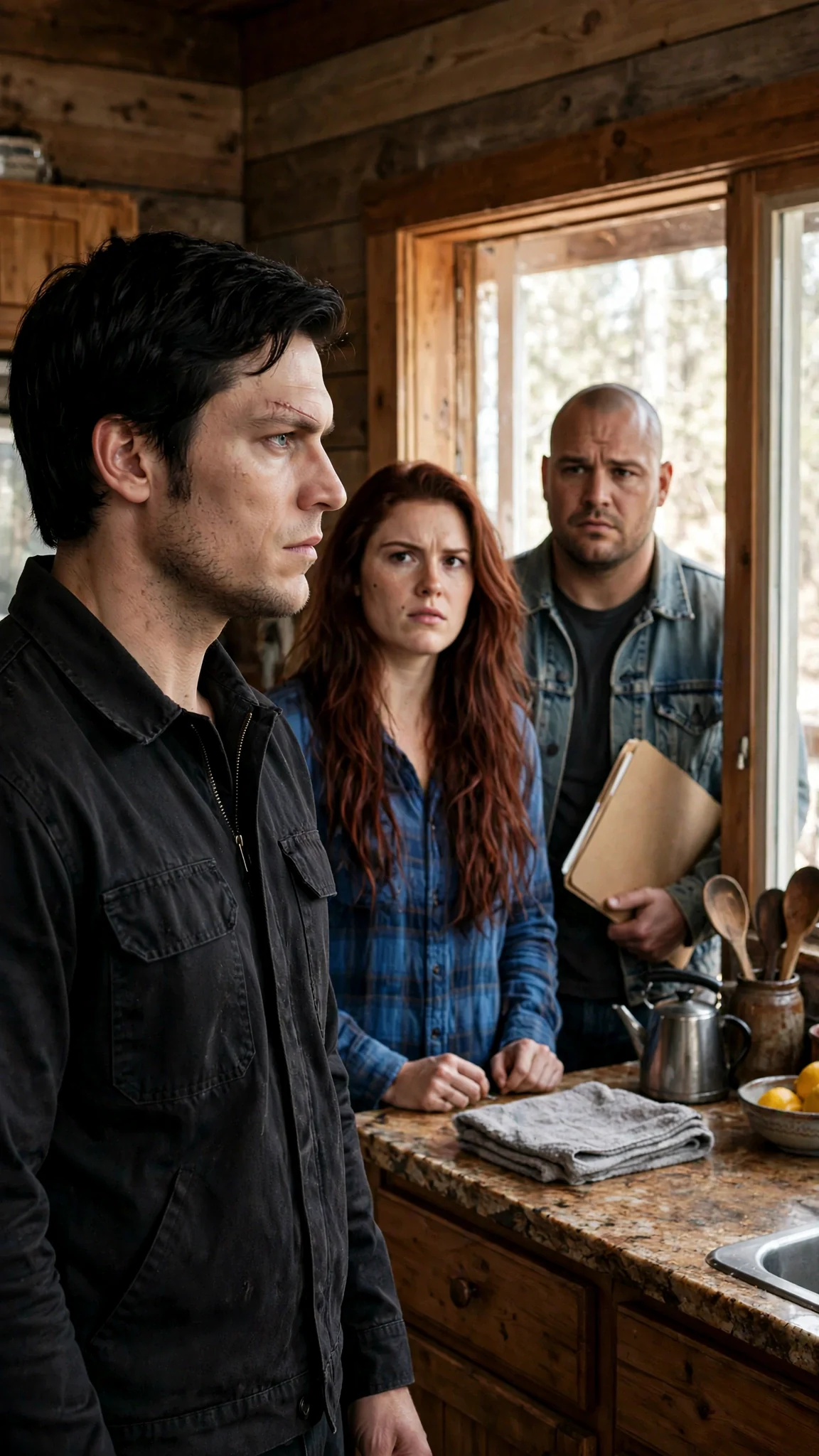 Kael by the cabin window, and Mack appearing in the doorway behind Rhea with a folder.